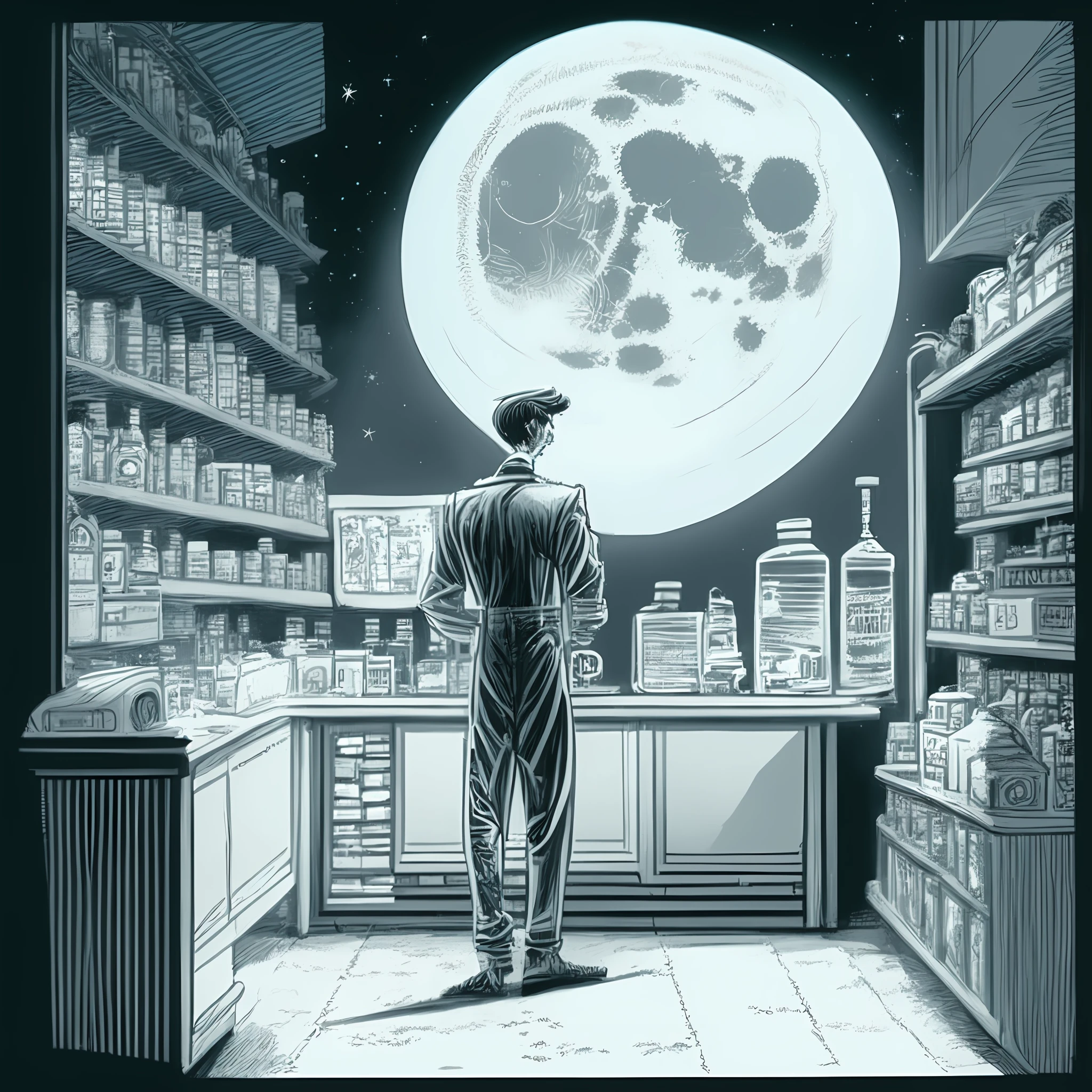 Imagem de um homem parado em uma loja olhando para a lua, apothecary, Dave Sim, image apothecary, inspired by Mœbius, Como ilustrado em Top Cow Comics, pharmacy, inspirado em Ed Emshwiller, O Homem de Areia da Graphic Novel, arte publicada, illustration scifi pulp, PJ bandido