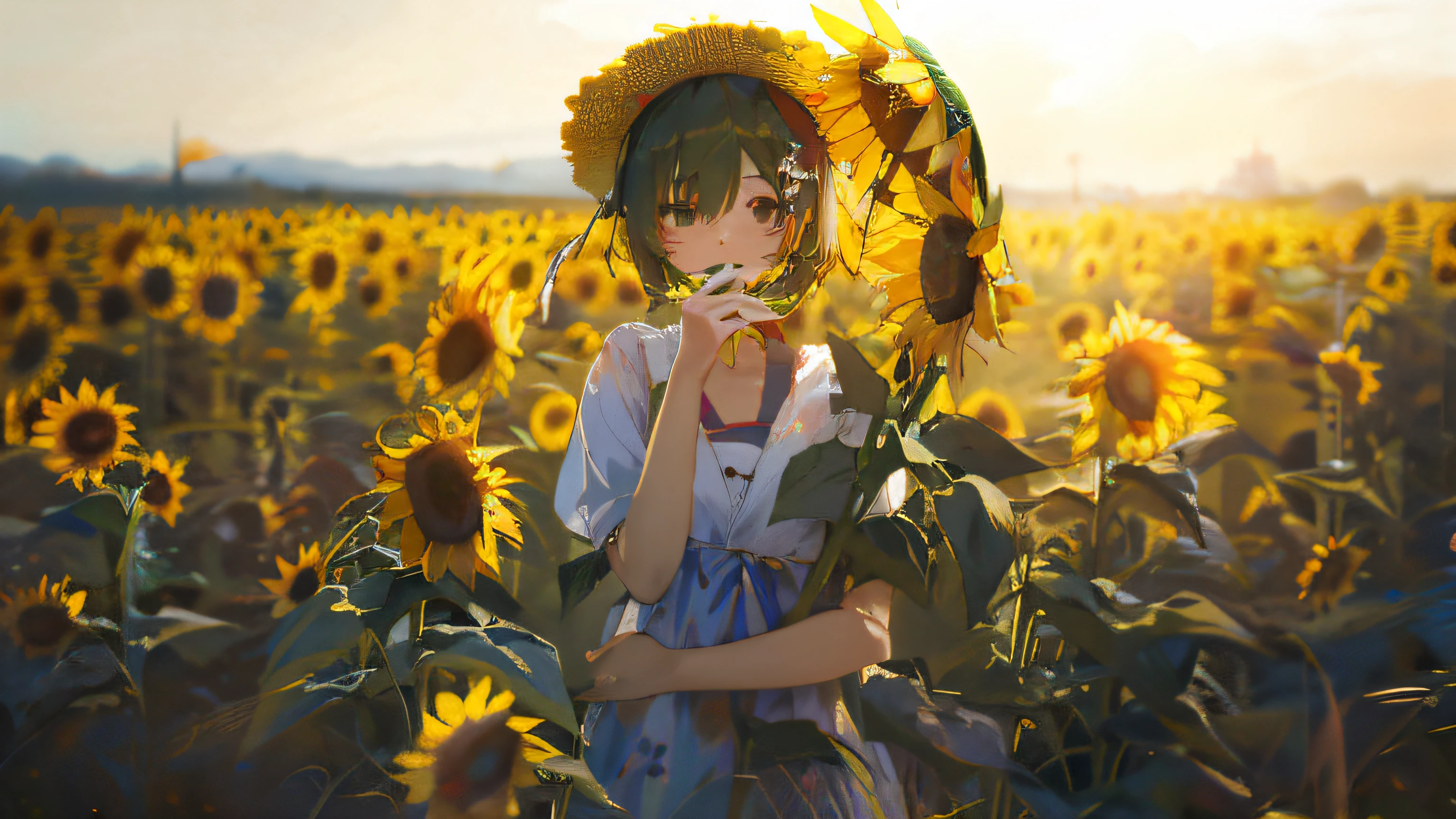 There is a woman holding a flower in a sunflower field, beautiful sunflower anime girl, Anime. Soft lighting, Anime style mixed with Fujifilm, scene : Sunflower field, scene: Sunflower field, , animeaesthetic, Guviz, Guviz-style artwork, 8K)), in a field of flowers, sakimichan, himawari