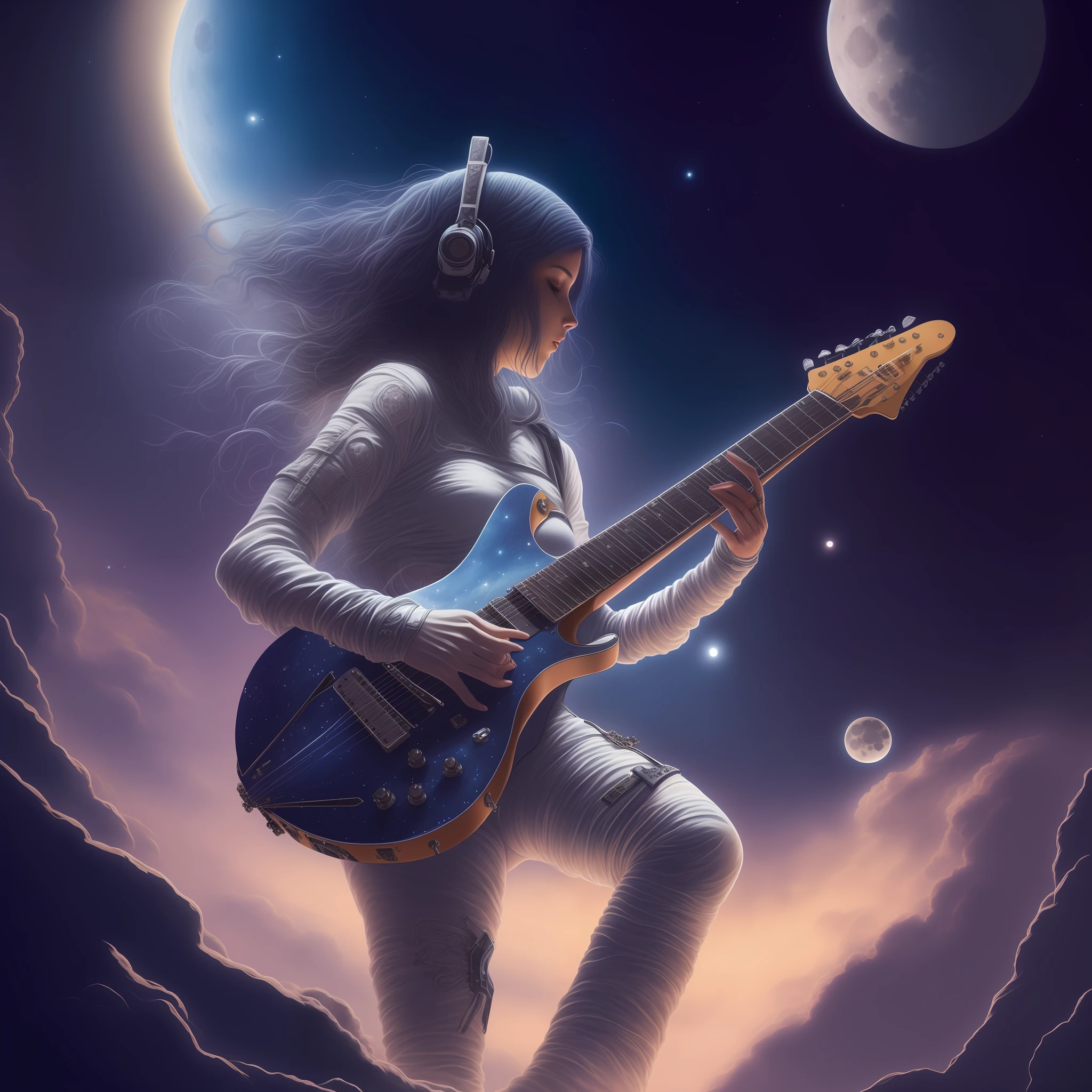 Painting of a woman playing a guitar in the sky with a full moon, girl in space, 8 0's estilo tomasz alen kopera, guitarrista, arte conceitual da guitarra, an alien musician lost in space, the girl plays the guitar, musician, fantasy space, Jen Bartel, Guilherme H. Pongiluppi, solo de guitarra