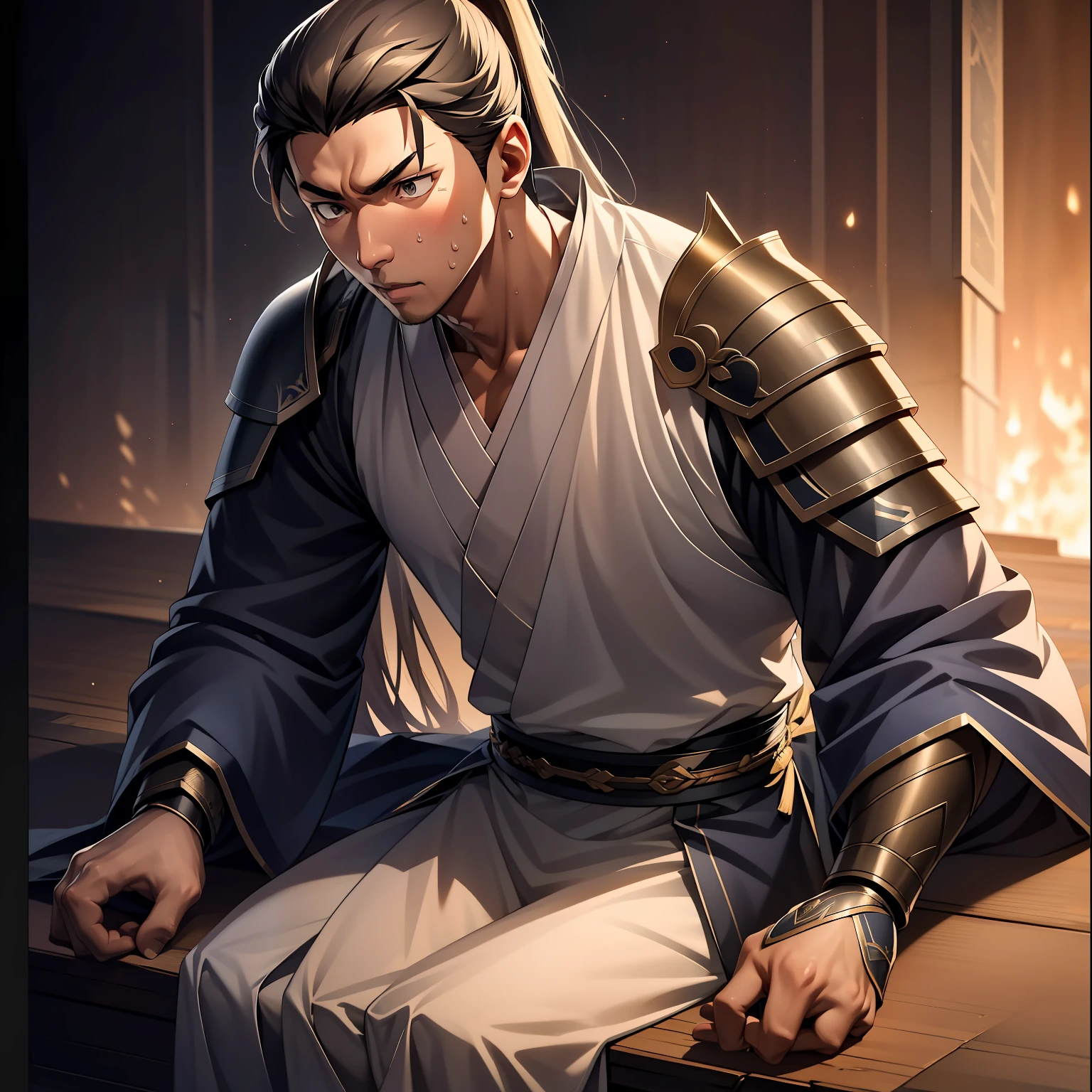 quadratic element,style of anime,mtu(Male Warrior),The proportions are correct,Face details,swordsmen,High ponytail hairstyle,Neck details,There is an Adam's apple,Black Hanfu,kaftan,Embroidered robes,Black robe,clothes details,Handing over,longer sleeves,Game quality,Swordsmanship,Light and shadow tracking,Ray traching,detailed glow,cg render,hair detail,long white hair,Black eyes,Handsome,Handsome,(juvenile sense),Clothing is complicated,Perfectcomposition,Refinement,high qulity,higher details,Lots of details,The background is complex,a sense of atmosphere,