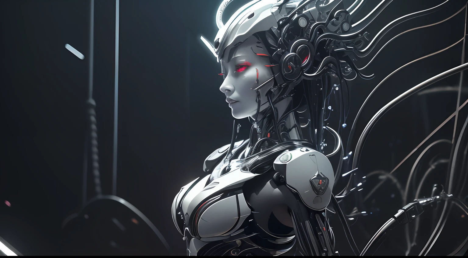 (masterpiece, top quality, best quality, official art, beautiful and aesthetic:1.2), (1girl), cyborg, robot wing, two wing, dreadlock hair, extreme detailed,colorful,highest detailed ((ultra-detailed)), (highly detailed CG illustration), ((an extremely delicate and beautiful)),(from side),cinematic light,((1mechanical girl)),solo,full body,(machine made joints:1.2),((machanical limbs)),(blood vessels connected to tubes),(mechanical vertebra attaching to back),((mechanical cervial attaching to neck)),(sitting),expressionless,(wires and cables attaching to neck:1.2),(wires and cables on head:1.2)(character focus),science fiction,(blood:0)