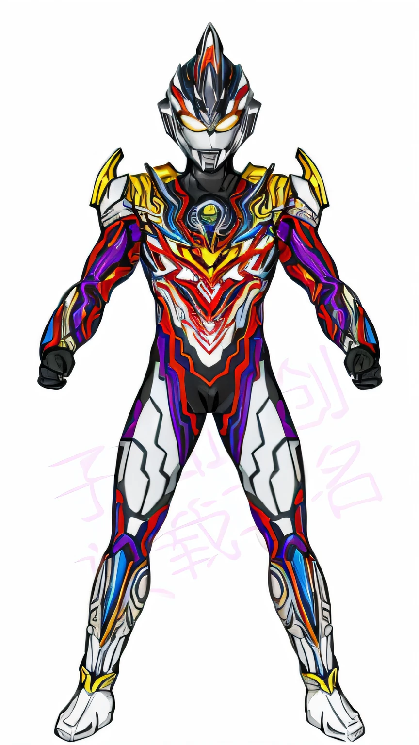 Painting of a man in a helmet in a colorful suit, SSSS.gridman, style of ssss.gridman (2018), ultra hyper-detailed, full body concept, cyber fight armor, cyber japan style armor, cyber japan armor, Tokusatsu, full body mecha suit, Humanoid form,