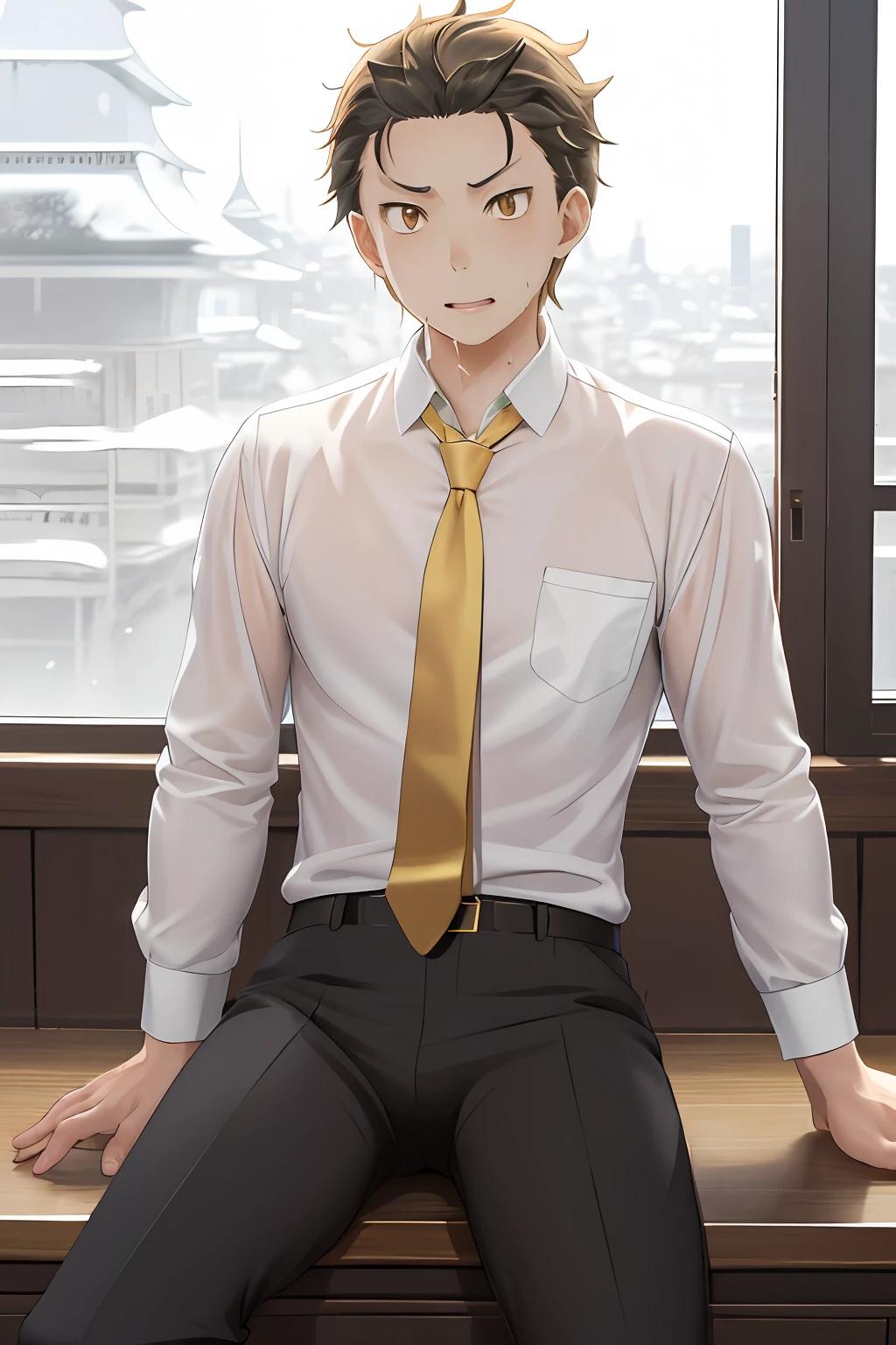 A high resolution, Sharp focus, Pixiv masterpiece, ((Complicated details)), highly detailed, natsuki_subaru, 1 man, with her mouth open,full bodyesbian,sit astride, Golden eyes(eyes glowing), blond hairbl, The shirt,Drenched,Gold tie,trousers,thongs,perspire,look from down