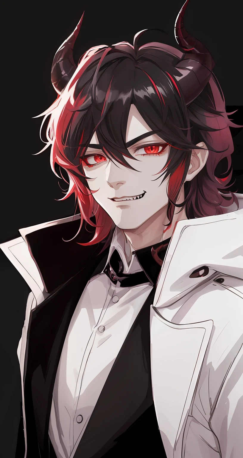Demon, Handsome, black hair, vampire fangs, wavy hair, middle part hair, snake pupils, crimson eyes, light grey skin, mullet, black suit,  white jacket over suit, red and black horns, gradient coloured horns, atmospheric perspective, anime style, high quality, 1boy, short hair, 2 horns, tall horns, smirk, large horns, ram horns