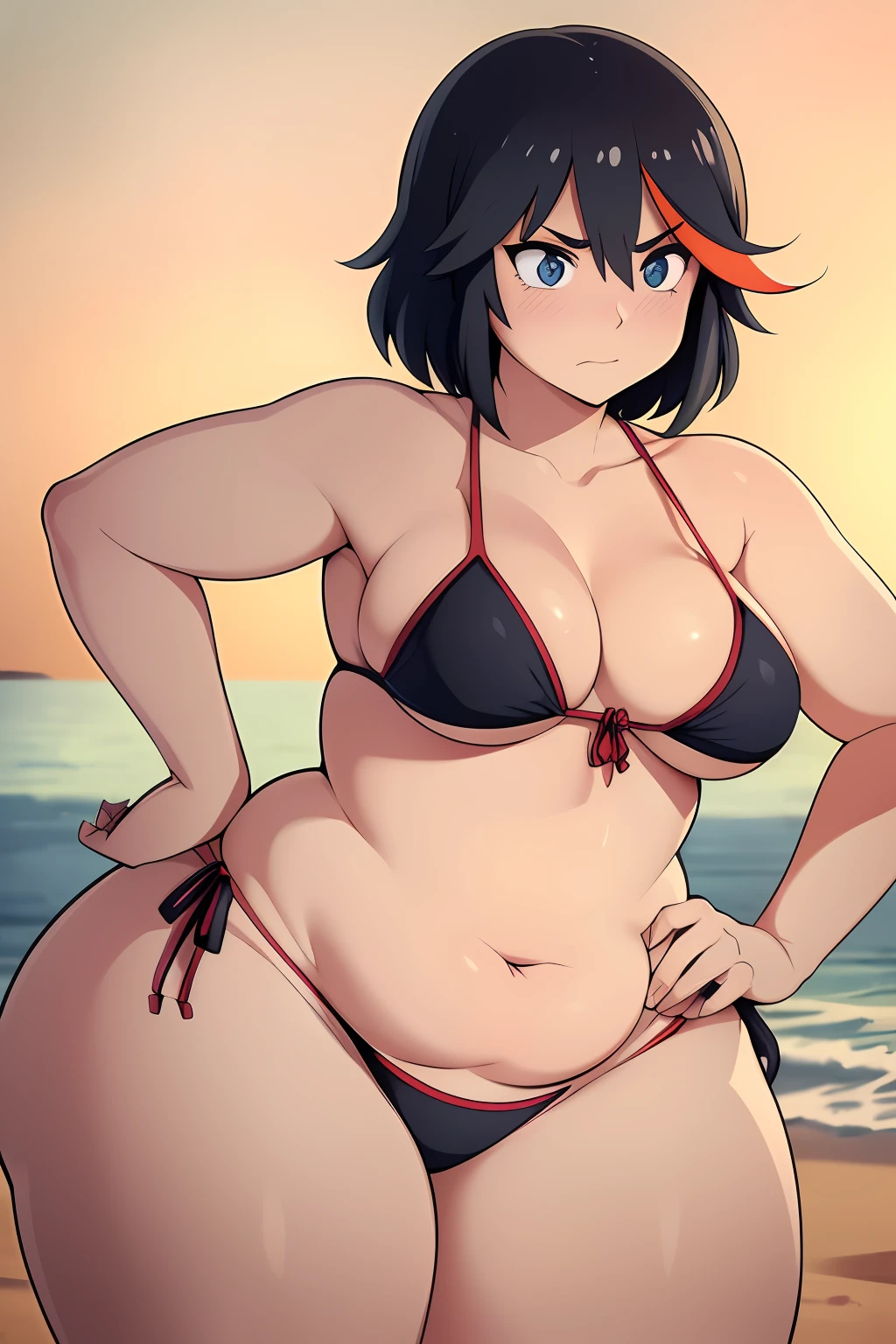 ((kipteitei)), ((masterpiece)), (((best quality))), ((ultra-detailed)), (((illustration))), detailed face, ultra cute face, detailed body, ((Line art)), (in the style of cell shaded), (vivid colors), skindentation, ((1girl)), ((solo)), matoi ryuuko, side tie bikini, undersized bikini, hand on hip, looking at viewer, cowboy shot, blushing, embarrassed, standing on beach, medium breasts, perky breasts, ((wide hips)), (((thick thighs))), thicc, ((fat ass)), ((chubby)), (fat folds),