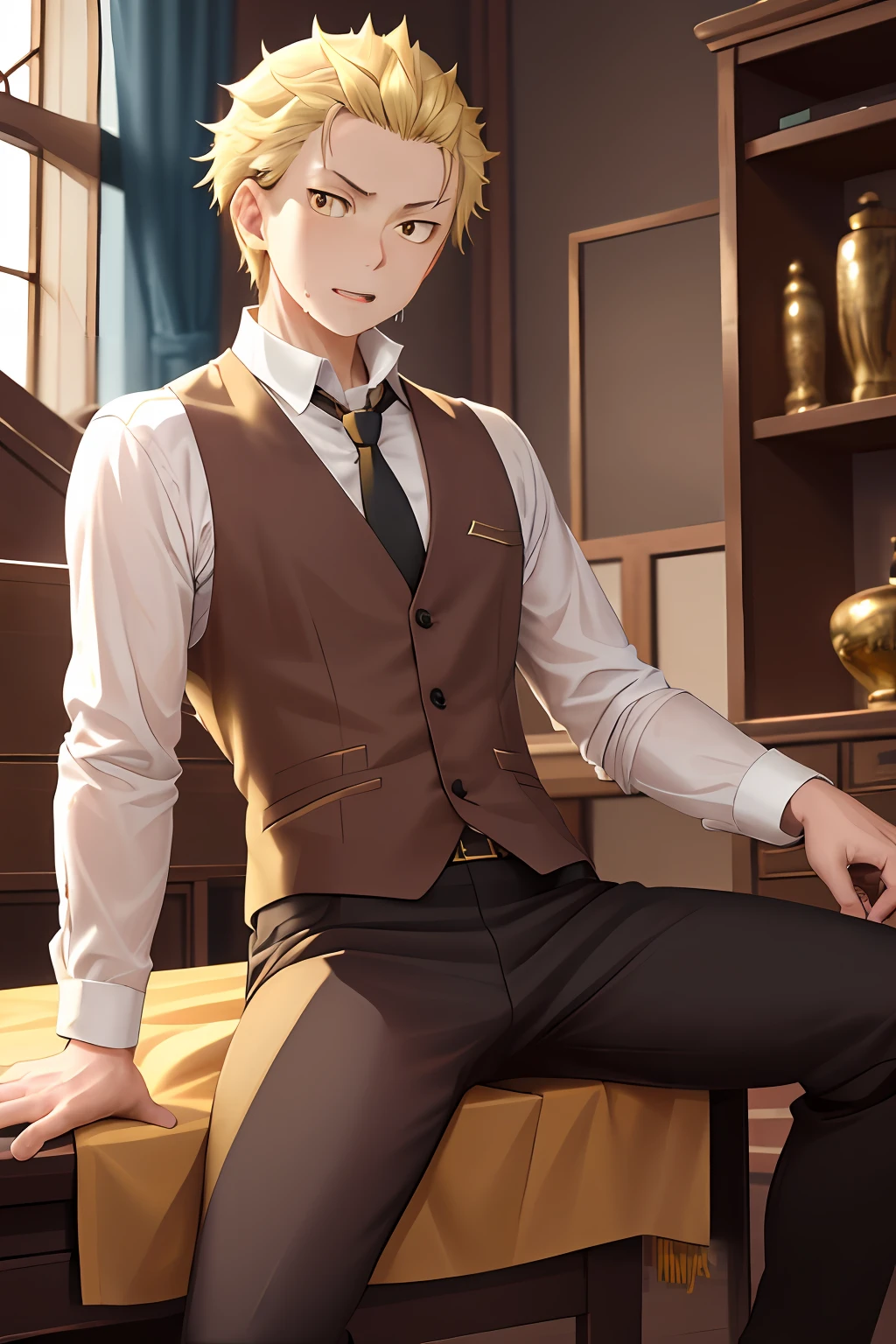 A high resolution， Sharp focus， Pixiv masterpiece， （（Complicated details））， highly  detailed， natsuki_subaru， 1 man， with her mouth open，full bodyesbian，sit astride， Golden eyes（eyes glowing）， blond hairbl， The shirt，Drenched，Gold tie，trousers，thongs，perspire，look from down