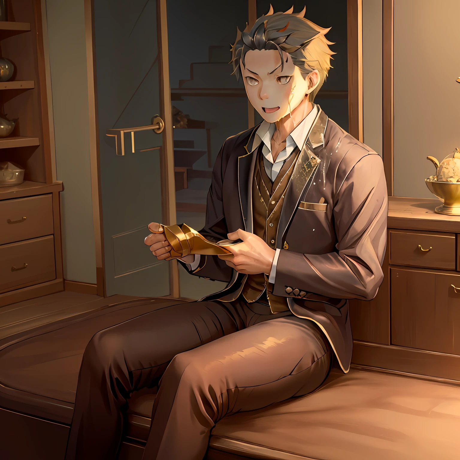 A high resolution， Sharp focus， Pixiv masterpiece， （（Complicated details））， highly  detailed， natsuki_subaru， 1 man， with her mouth open，full bodyesbian，sit astride， Golden eyes（eyes glowing）， blond hairbl， The shirt，Drenched，Gold tie，trousers，thongs，perspire，look from down