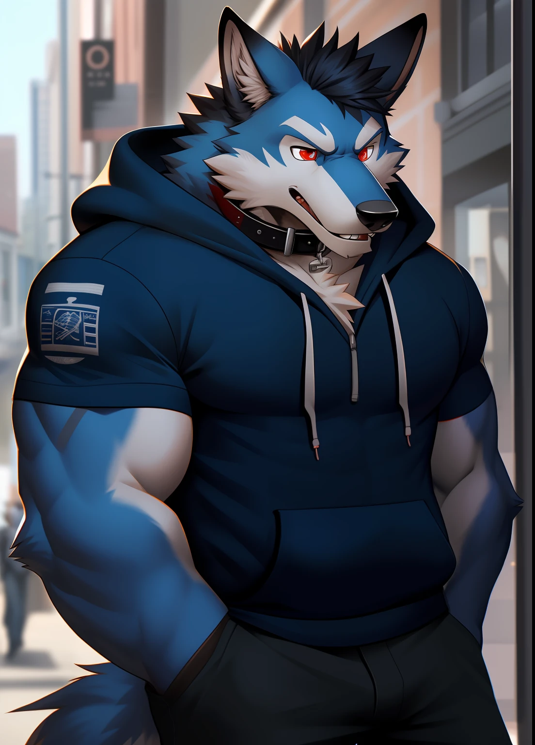 nj5furry，（（coyote，hoody）），whaite hair，male people，red color eyes，Black collar，Dark blue fur（（Extremely realistic shadows，tmasterpiece，extremely detaile，Photorealsitic）），
，strong，Mature male，dynamicposes