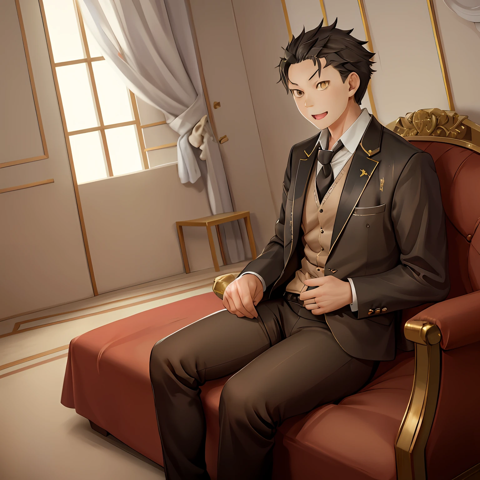 A high resolution， Sharp focus， Pixiv masterpiece， （（Complicated details））， highly  detailed， natsuki_subaru， 1 man， with her mouth open，full bodyesbian，sit astride， Golden eyes（eyes glowing）， blond hairbl， The shirt，Drenched，Gold tie，trousers，thongs，perspire，look from down