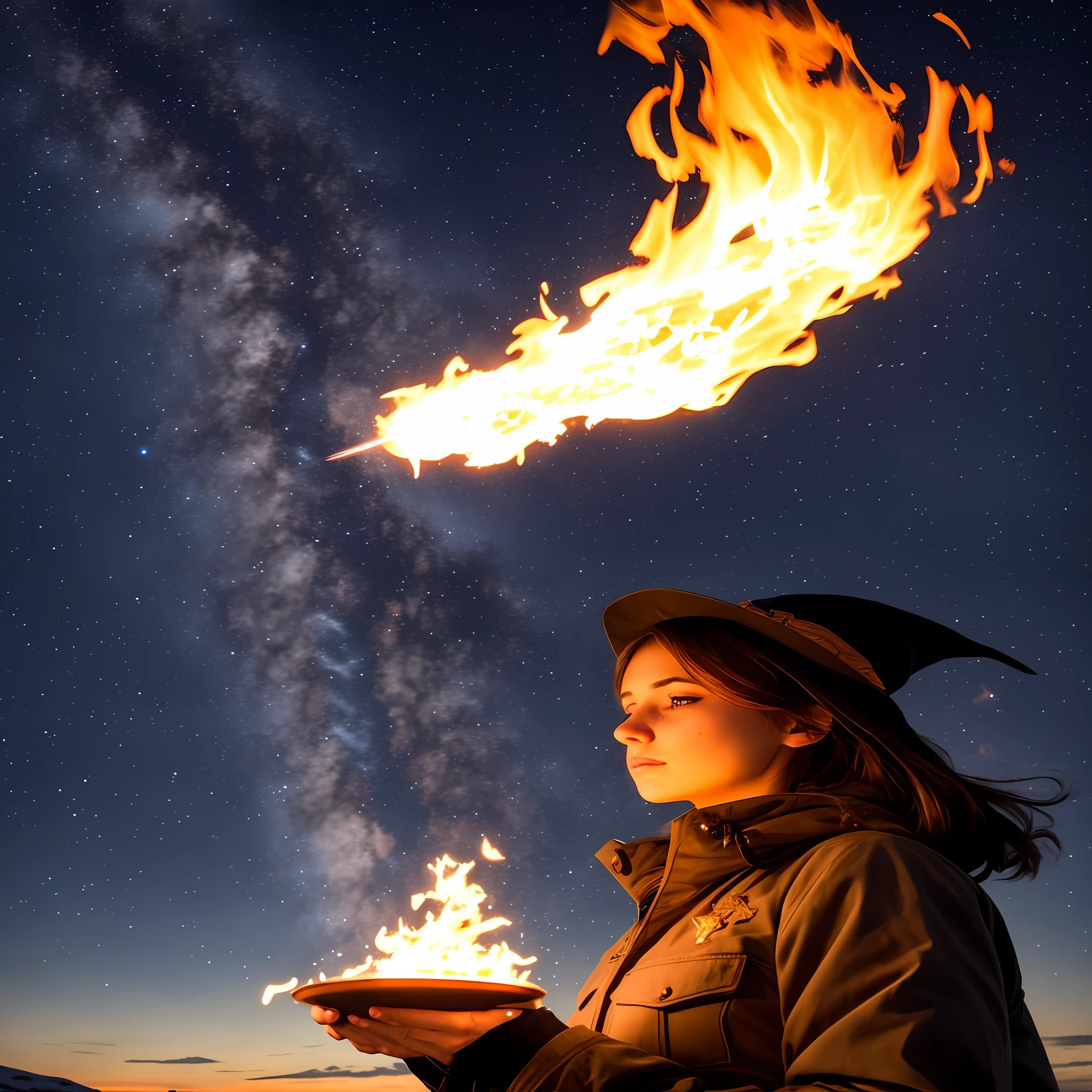 Create a female mage with fire spells on a cold night of starry sky