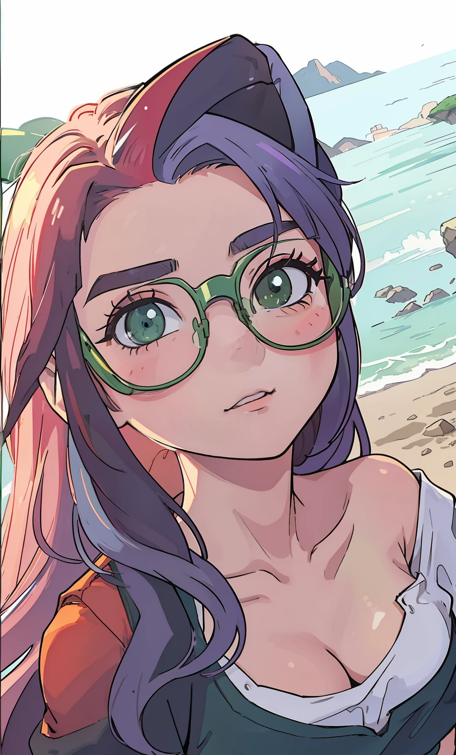 Anime 2d girl with green glasses, cabelo vermelho longos raspado lateral