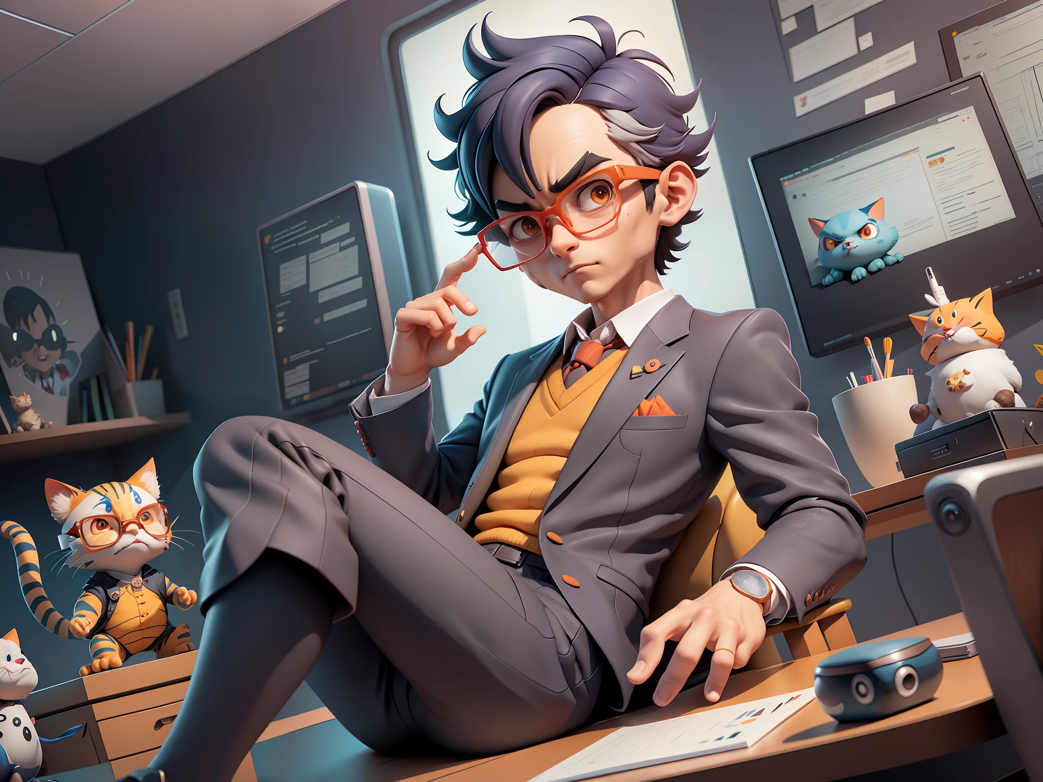 A young man in a suit, Short hair and glasses sat at his desk,holding laptop,digitial painting,tigre,3D character design by Mark Clairen and Pixar and Hayao Miyazaki and Akira Toriyama,4K HD illustration,Very detailed facial features and cartoon-style visuals。