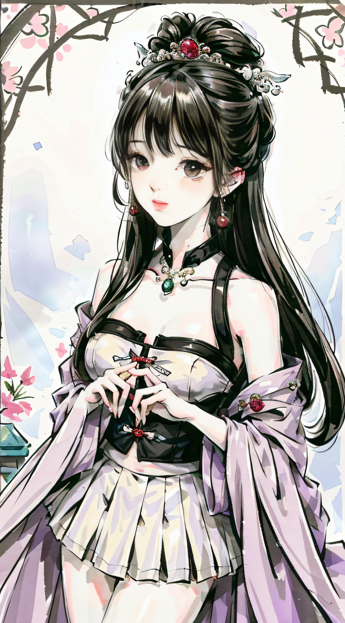 (masterpiece), best quality, good anatomy, shuimobysim, (1 girl: 1), (upper body), (smile), (short hair: 1.2), (hanfu), long coat, (ecchi0.5), (bridge: 1.2), (flowers: 0.6), moon, lantern in ancient China, delicate face, see-through, pink clothes, full body, close-up, back hand, Taoist robe, Thighs, raised high, cloudy, chinadre, overexposed, [wet suit: 1.2], mid-chest, solo, [doll], bare thighs, credibly_absurdres, strong angles, pleated skirt, chinoiserie architecture, single bun, white hair, red eyes, squinted eyes, indifferent attitude, eye shadow, eyeliner, no shoes, ribbon sleeves, earrings, necklace, headdress, mid-chest, sunlight, reflected light, ray tracing, loli, phoenix crown vermilion robe, blush