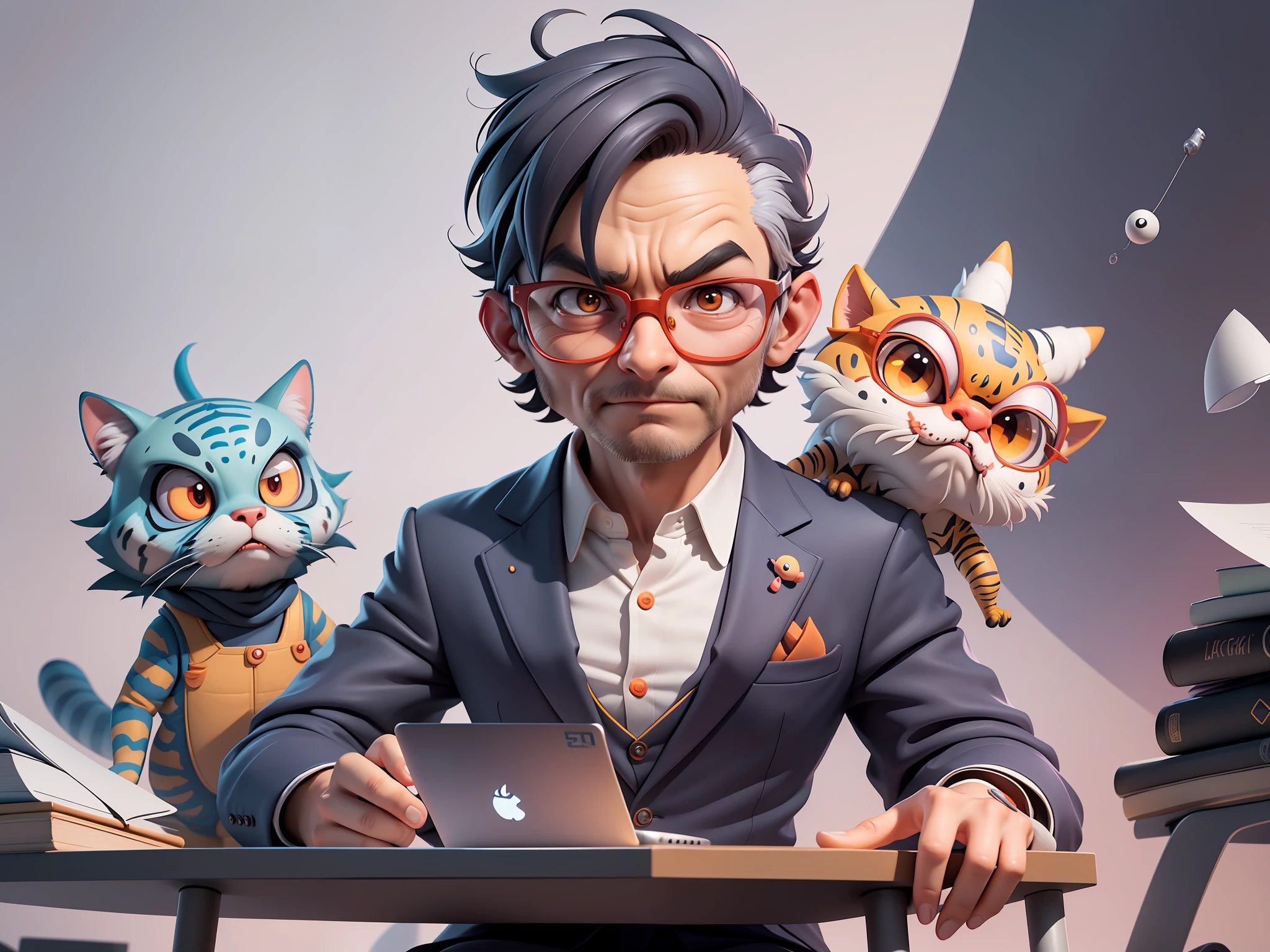 A young man in a suit, Short hair and glasses sat at his desk,holding laptop,digitial painting,tigre,3D character design by Mark Clairen and Pixar and Hayao Miyazaki and Akira Toriyama,4K HD illustration,Very detailed facial features and cartoon-style visuals。