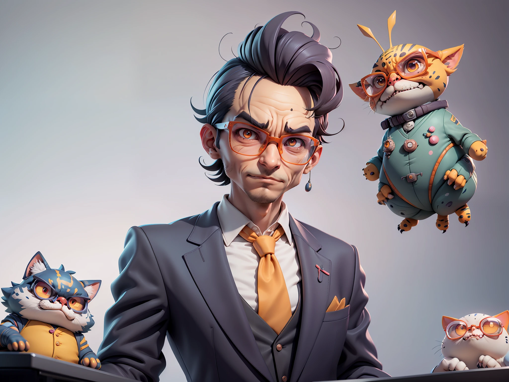 A young man in a suit, Short hair and glasses sat at his desk,holding laptop,digitial painting,tigre,3D character design by Mark Clairen and Pixar and Hayao Miyazaki and Akira Toriyama,4K HD illustration,Very detailed facial features and cartoon-style visuals。