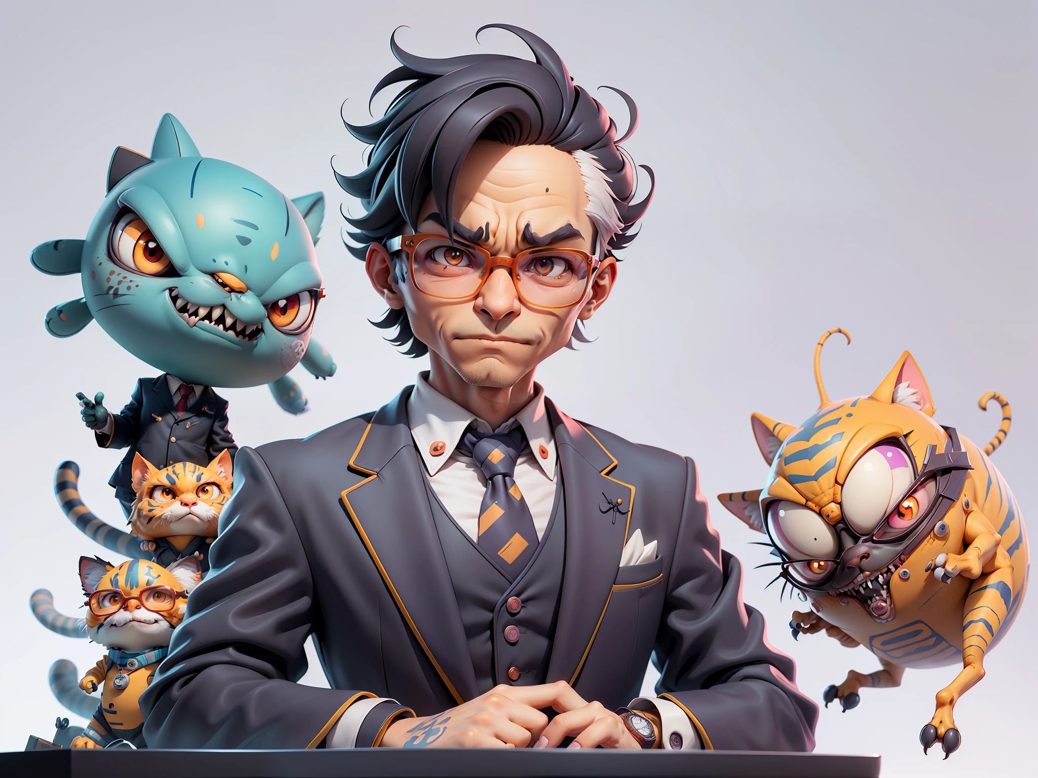 A young man in a suit, Short hair and glasses sat at his desk，holding laptop，digitial painting，tigre，3D character design by Mark Clairen and Pixar and Hayao Miyazaki and Akira Toriyama，4K HD illustration，Very detailed facial features and cartoon-style visuals。