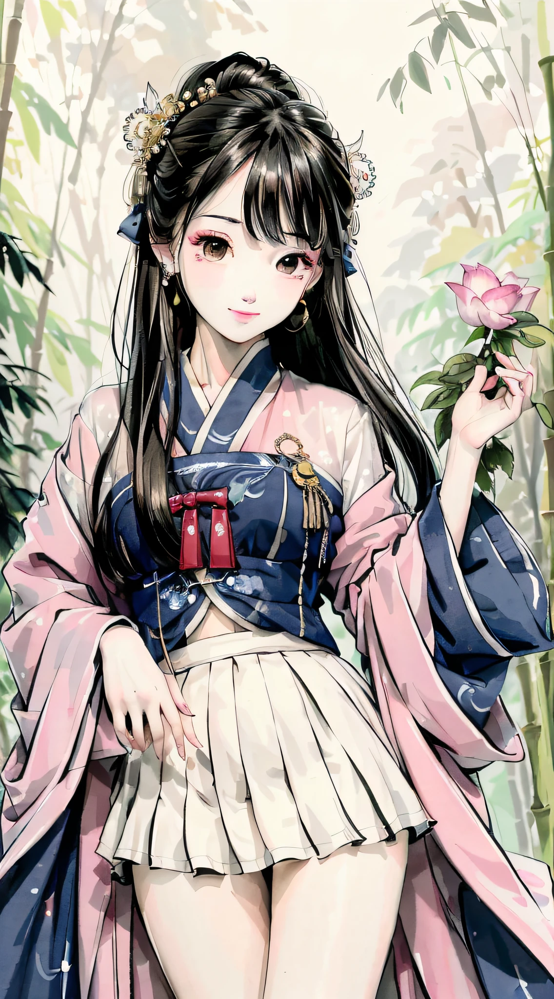 Masterpiece, 4k, super detailed, 1girl, 20-year-old young woman, delicate facial features, perfect face, smile, light makeup, hanfu, long skirt, skirt, bamboo forest, ink style