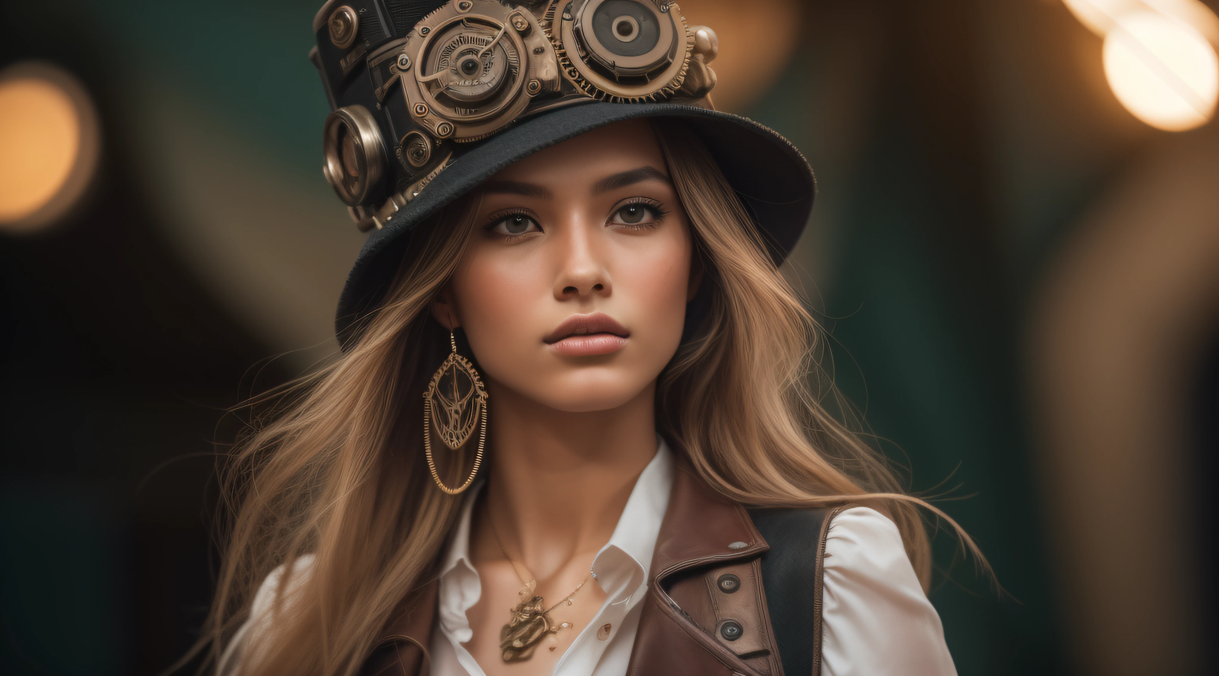 RAW photo, a fashion model, walk on runway, steampunk style, (photo-realistic:1.5), (RAW photo, 8k uhd, film grain), extremely delicate and beautiful, highres, sharp focus, extremely detailed, masterpiece, cinematic lighting, (high detailed skin:1.2), dslr, soft lighting, high quality, film grain, Fujifilm XT3