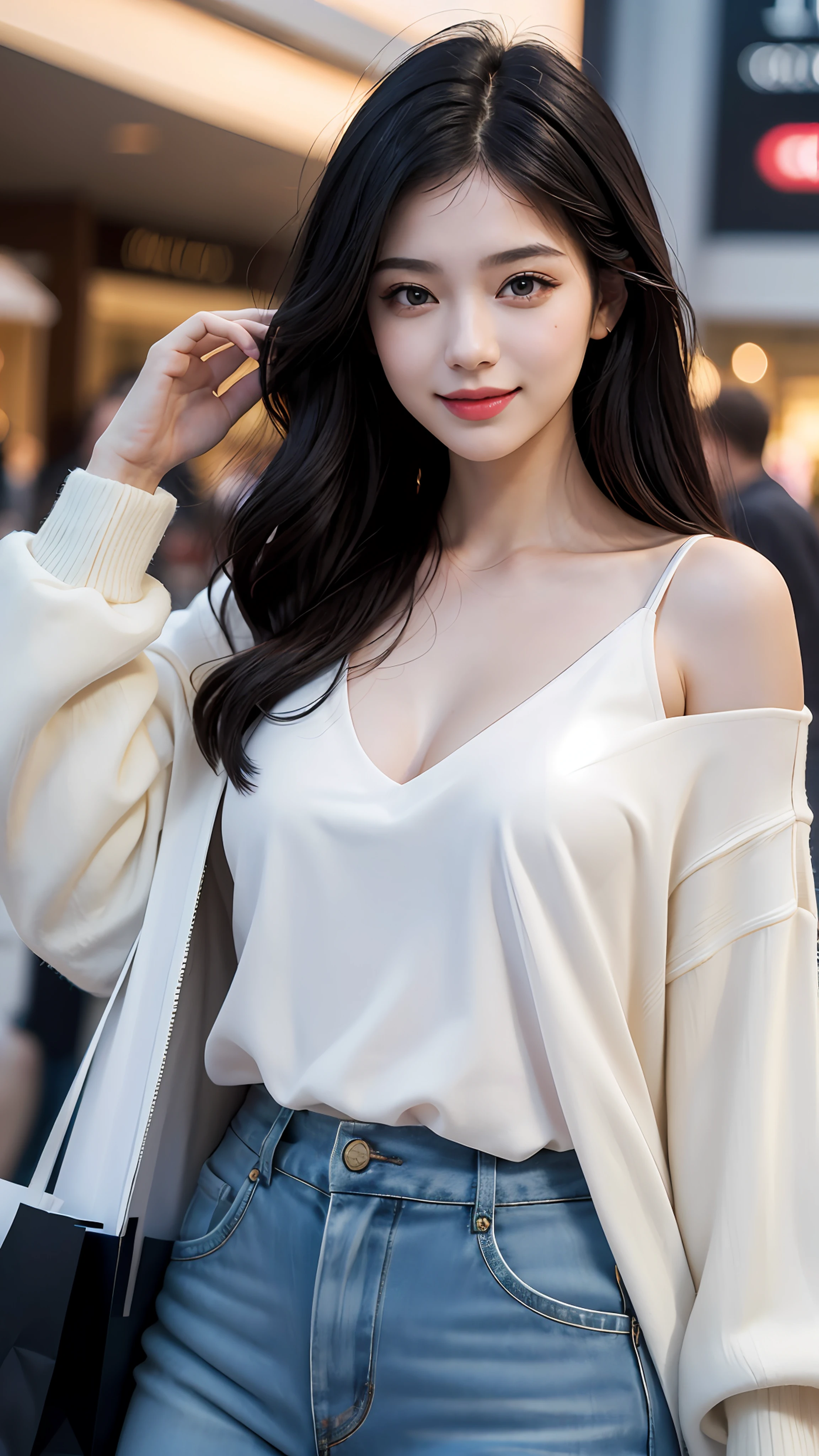 Best quality, masterpiece, ultra high res, photorealistic, Beautiful girl, shopping at the mall in luxury celebrity style, detailed eyes, detailed, black hair, double eyelids, smile, pale skin, bokeh