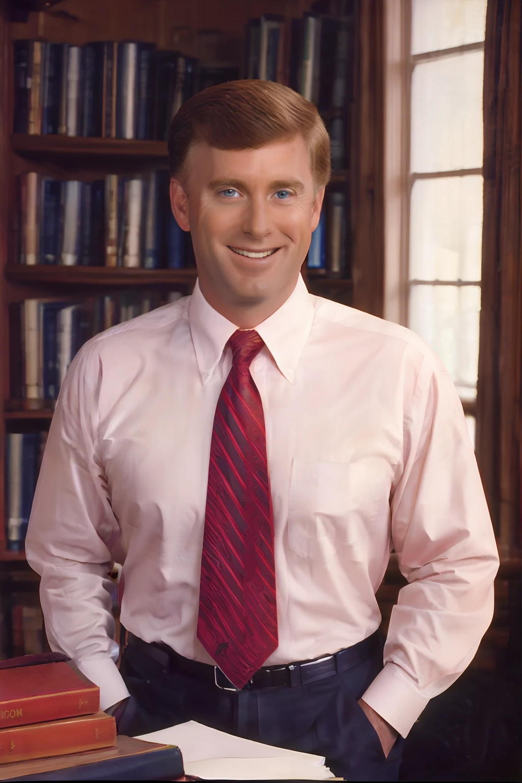 Portrait of Dan Quayle shirt and tie, smile, dramatic, realistic, high quality, 4k, film grain, 1990's, indoors, library, close up