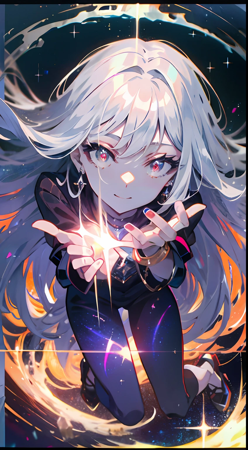 (simple hands:0.5)+(detailed hands:0.7), (masterwork), (best quality), white hair, red eyes,1girl, pale skin, white hair, red eyes, two tone hair, eyelashes, bracelet, jewelry, smile, gleaming skin, shiny hair, detailed and majestic stage, Fantasy, Long Hair, 1 girl, two-tone hair, night sky, Incredibly detailed CG illustration masterpiece, looking at you, anime, beautiful anime eyes, beautiful detailed eyes, eyes, glittering eyes, red eyes, galaxy, nebula, (full body), (curvy),