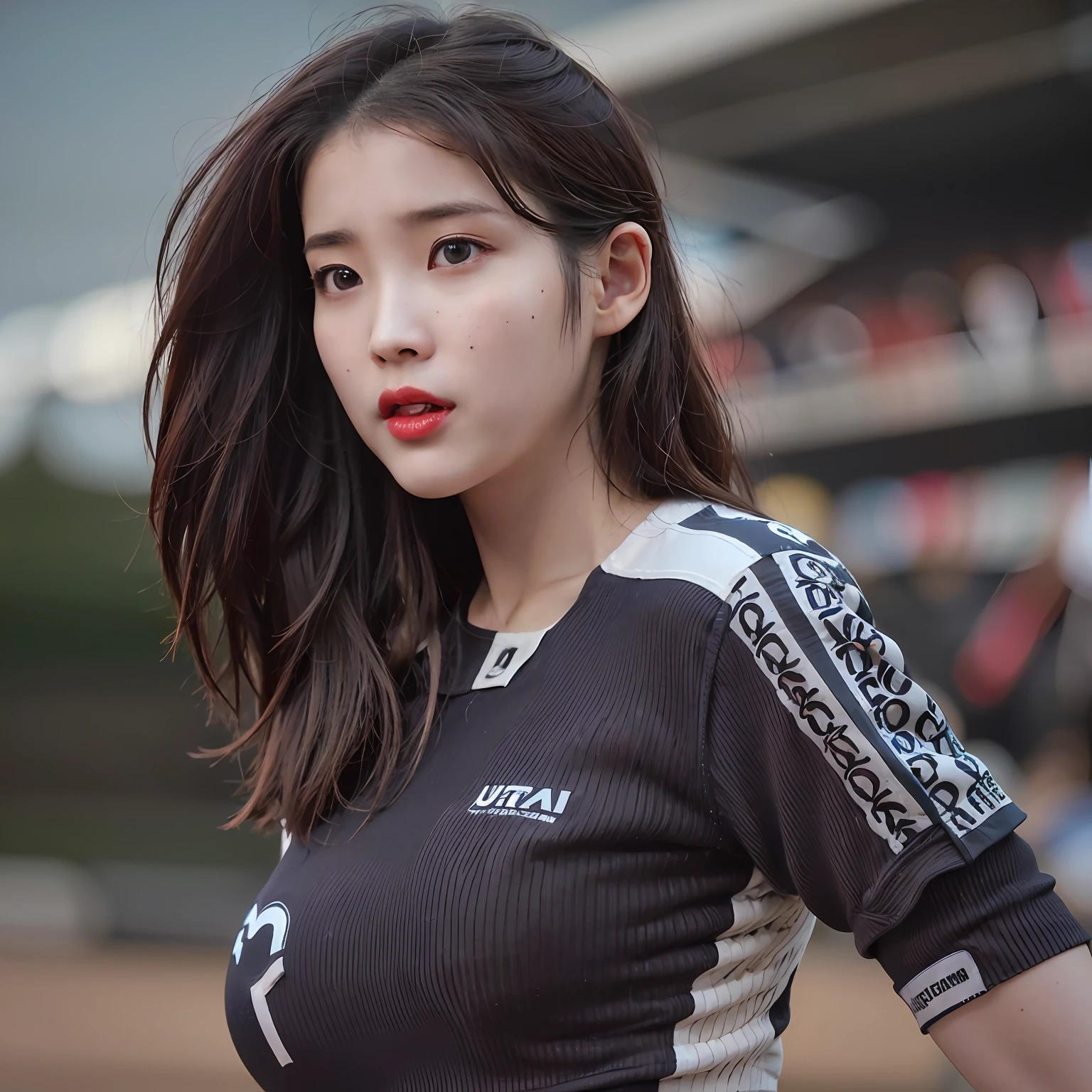 nikon RAW photo,8 k,Fujifilm XT3,photorealistic,realistic, solo, photorealistic, best quality, ultra high res, (skin spots:0.1) serious expression, , standing against a soccer field, woman football tight sexy suit, football lady clothes, masterpiece, best quality, extremely detailed face, perfect lighting, solo,1girl, sexy sight best quality, ultra high res, photorealistic, ultra detailed, masterpiece, best quality, iu1, big buttocks