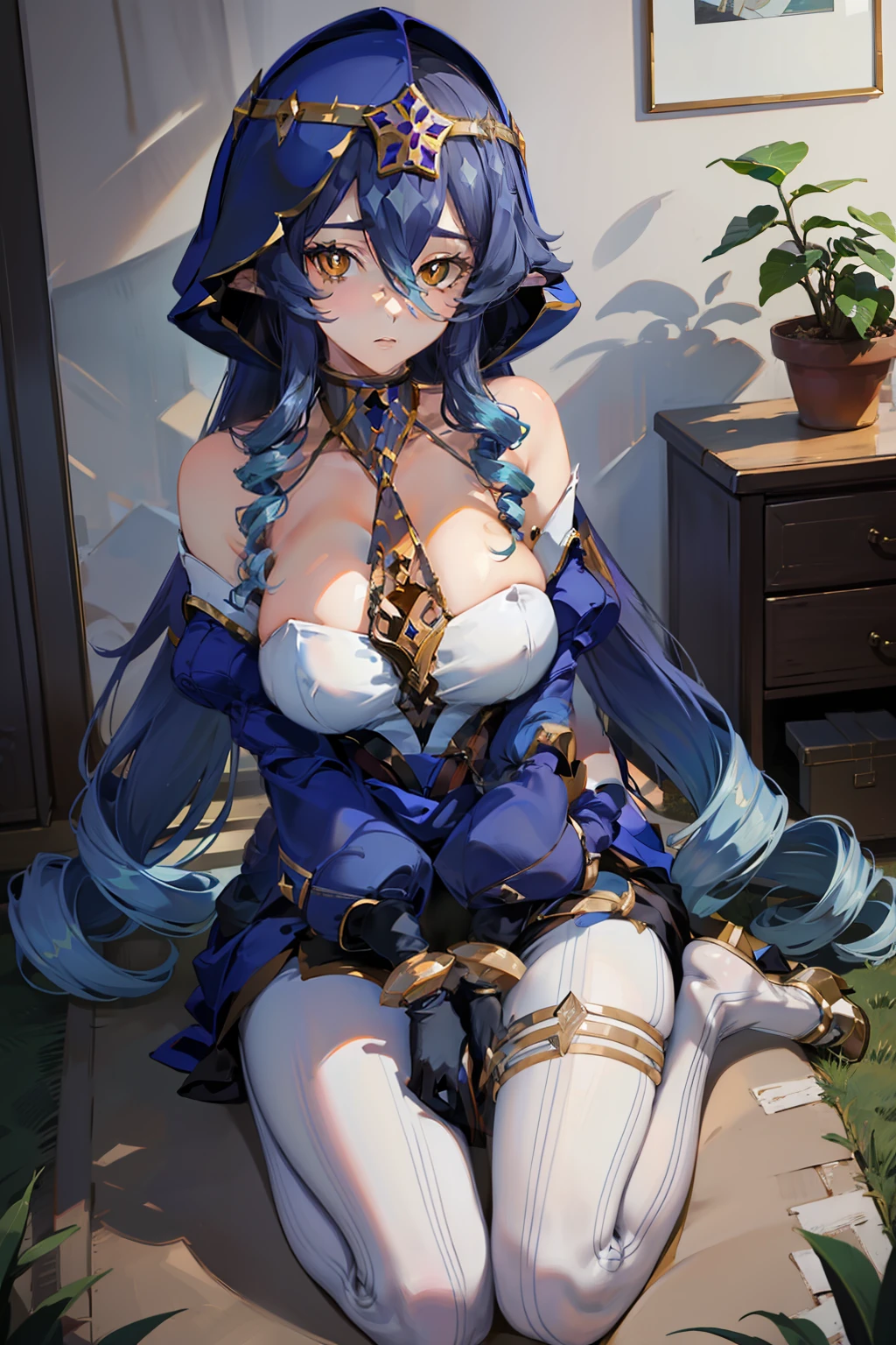 (masterpiece), best quality, expressive eyes, perfect face, w sitting,w sitting on ground, legs on ground, big breast, good breast,laylarnd,layladef, both arms between legs, arm between legs