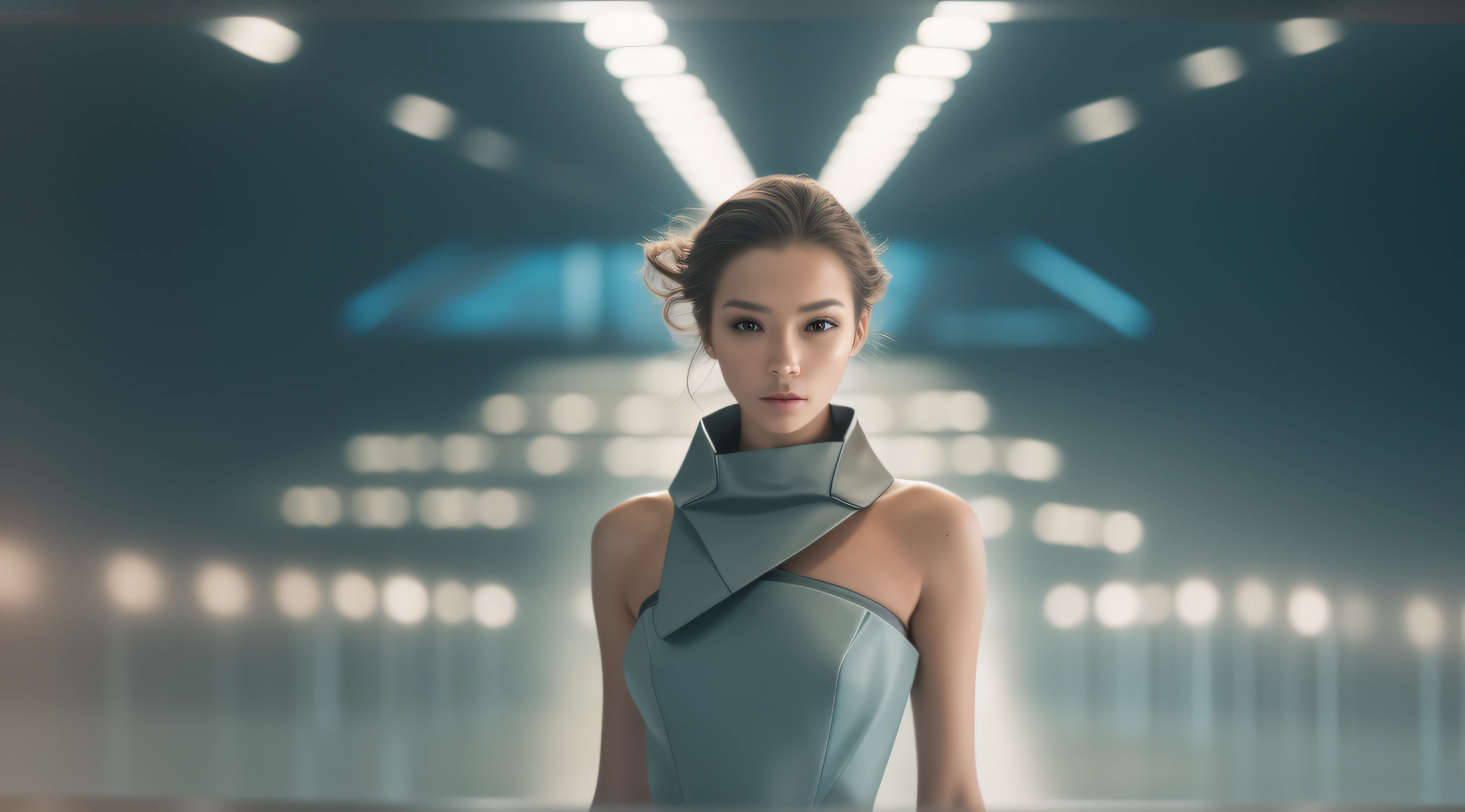 RAW photo, a fashion model, walk on runway, futuristic style, (photo-realistic:1.5), (RAW photo, 8k uhd, film grain), extremely delicate and beautiful, highres, sharp focus, extremely detailed, masterpiece, cinematic lighting, (high detailed skin:1.2), dslr, soft lighting, high quality, film grain, Fujifilm XT3
