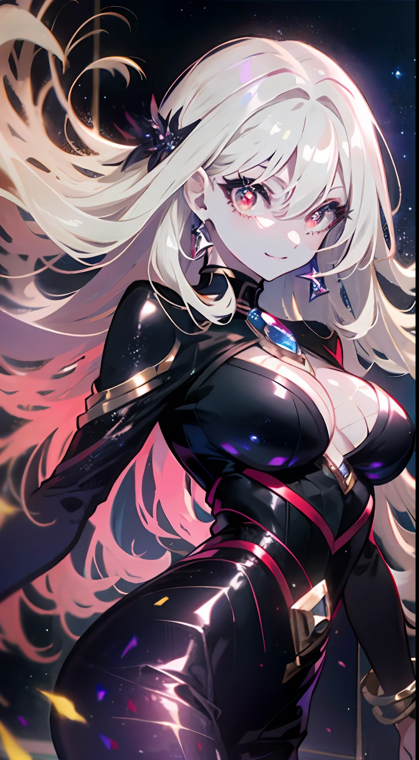 (simple hands:0.5)+(detailed hands:0.7), (masterwork), (best quality), white hair, red eyes,1girl, pale skin, white hair, red eyes, two tone hair, eyelashes, bracelet, jewelry, smile, gleaming skin, shiny hair, detailed and majestic stage, Fantasy, Long Hair, 1 girl, two-tone hair, night sky, Incredibly detailed CG illustration masterpiece, looking at you, anime, beautiful anime eyes, beautiful detailed eyes, eyes, glittering eyes, red eyes, galaxy, nebula, (full body), (curvy),