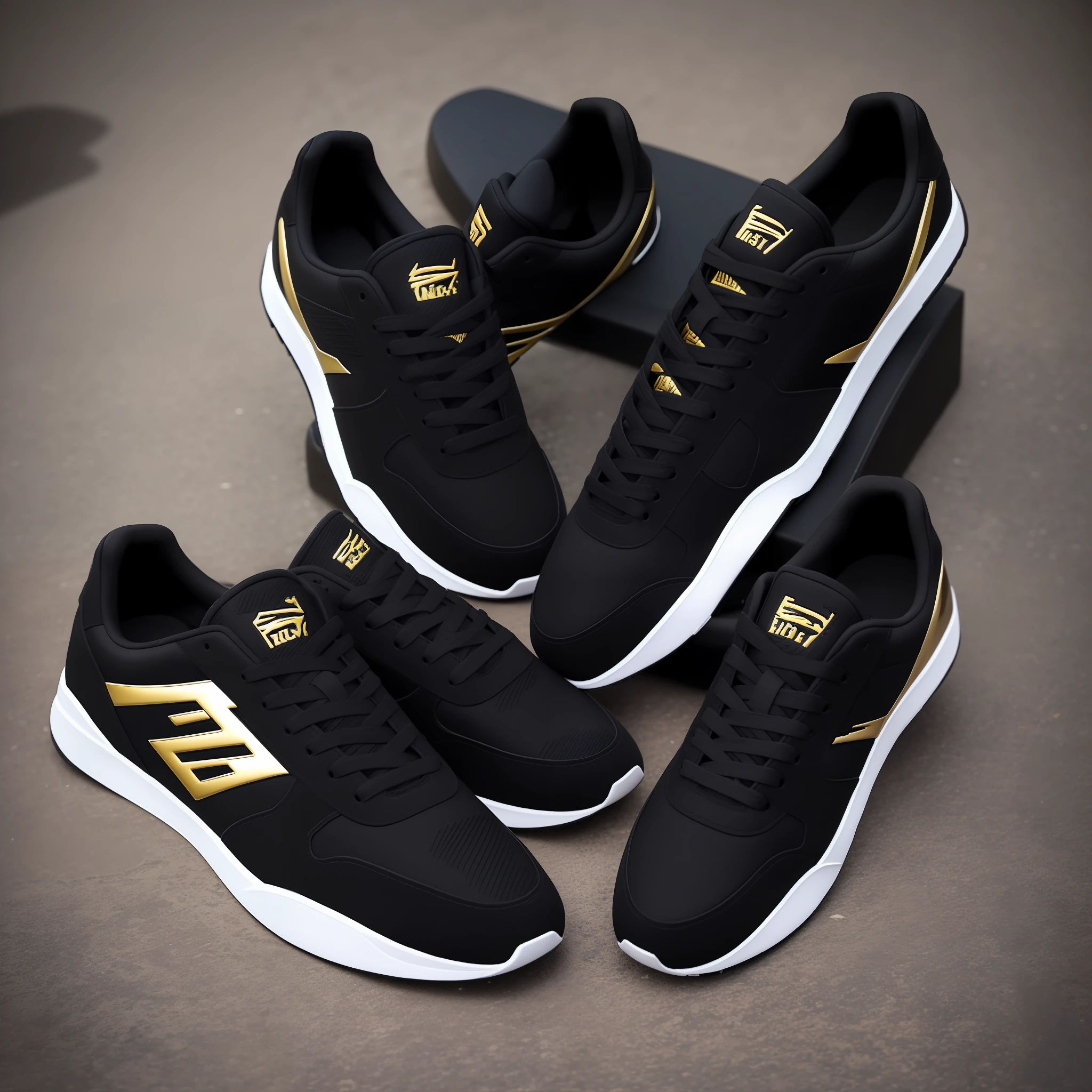 Create a black and gold running shoe from the Everlast brand. The sneaker should have a modern and aerodynamic design, with non-slip sole and advanced black and gold cushioning technology. Adicione detalhes em dourado nas laterais e no logotipo da marca Everlast em portugues perfeita,logo lateral perfeita,logo hiper igual a original,Sneakers similar to the original, so uma par de tenis, encima de uma caixa da everlast,No deformation on objects,so um par de tenis,so dois tenis.