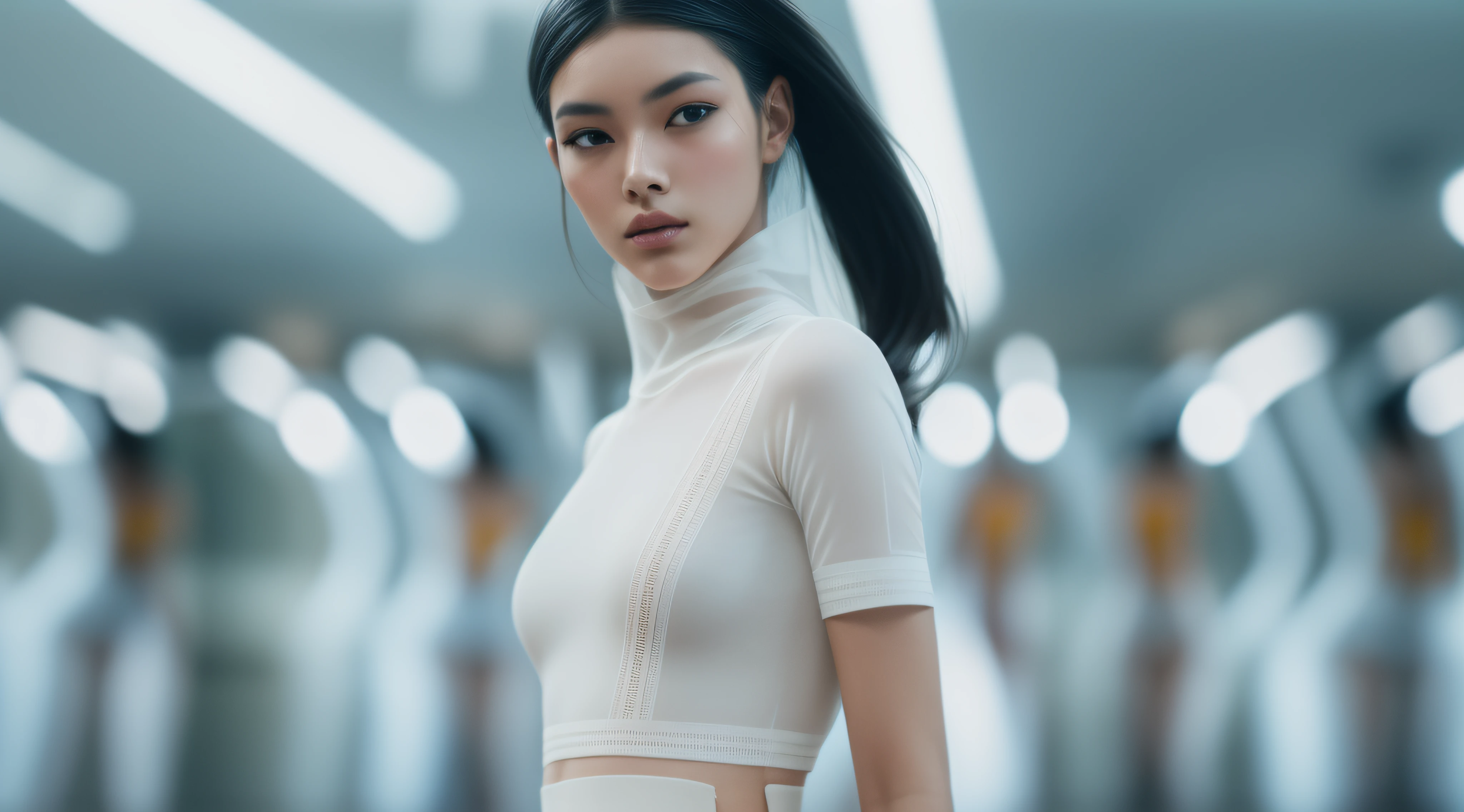 RAW photo, a fashion model, walk on runway, futuristic style, (photo-realistic:1.5), (RAW photo, 8k uhd, film grain), extremely delicate and beautiful, highres, sharp focus, extremely detailed, masterpiece, cinematic lighting, (high detailed skin:1.2), dslr, soft lighting, high quality, film grain, Fujifilm XT3