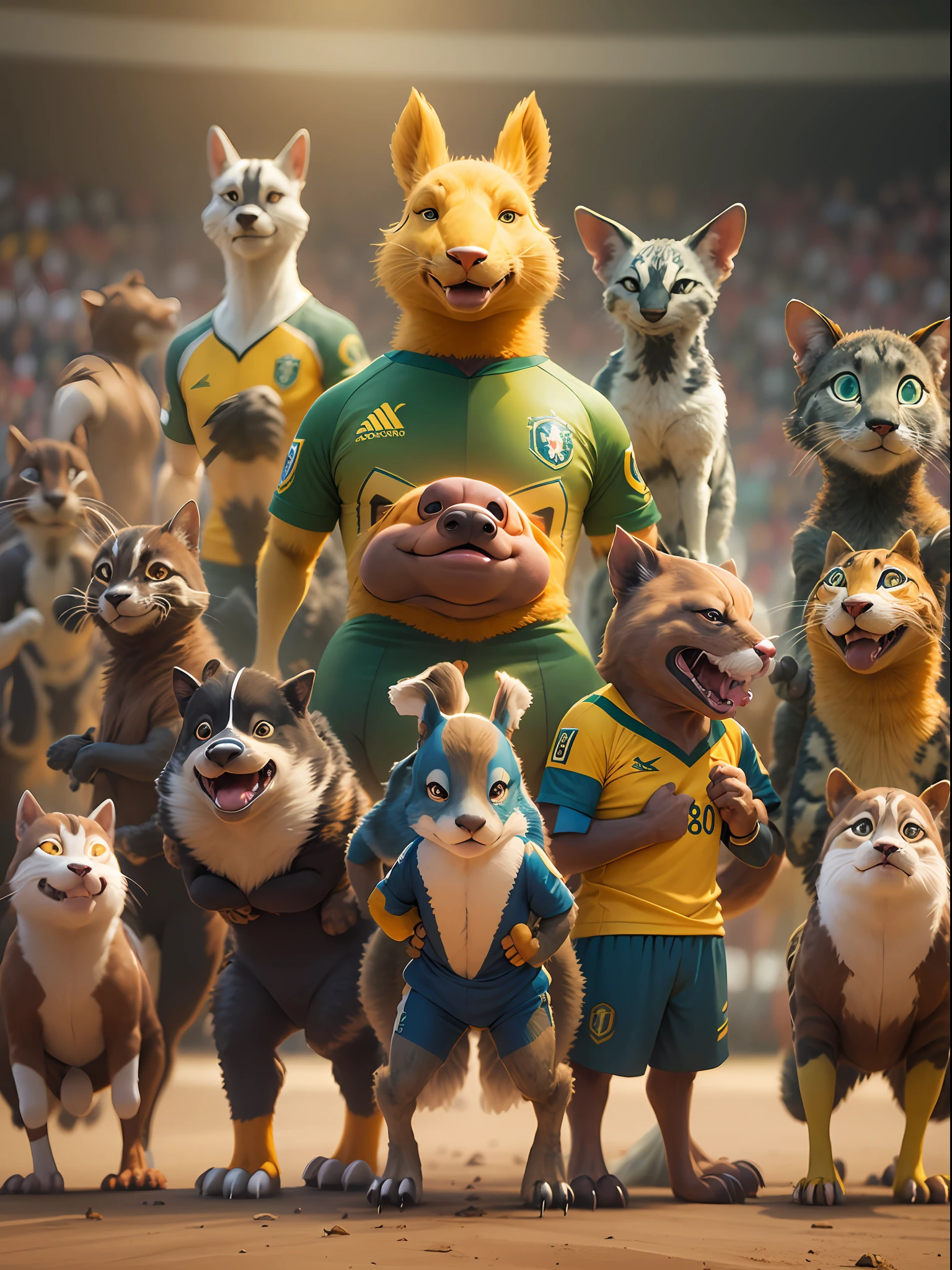 A team of anthropomorphism Animals,in a line,taking a group photo wearing Brazilian soccer jerseys,masterpiece, best quality, CGI,Cinematic, Hyper-detailed,