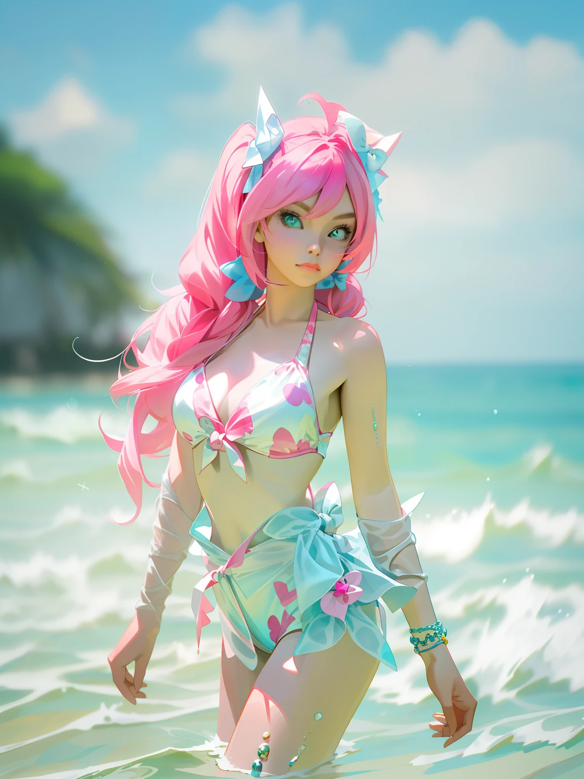 there is a woman in a bikini standing in the water, is wearing a swimsuit, pink twintail hair and cyan eyes, wearing two - piece swimsuit, belle delphine, on a sunny day, attire: bikini, ulzzang, taejune kim, in bikini, posing on a beach with the ocean, attractive pose, photo of slim girl model