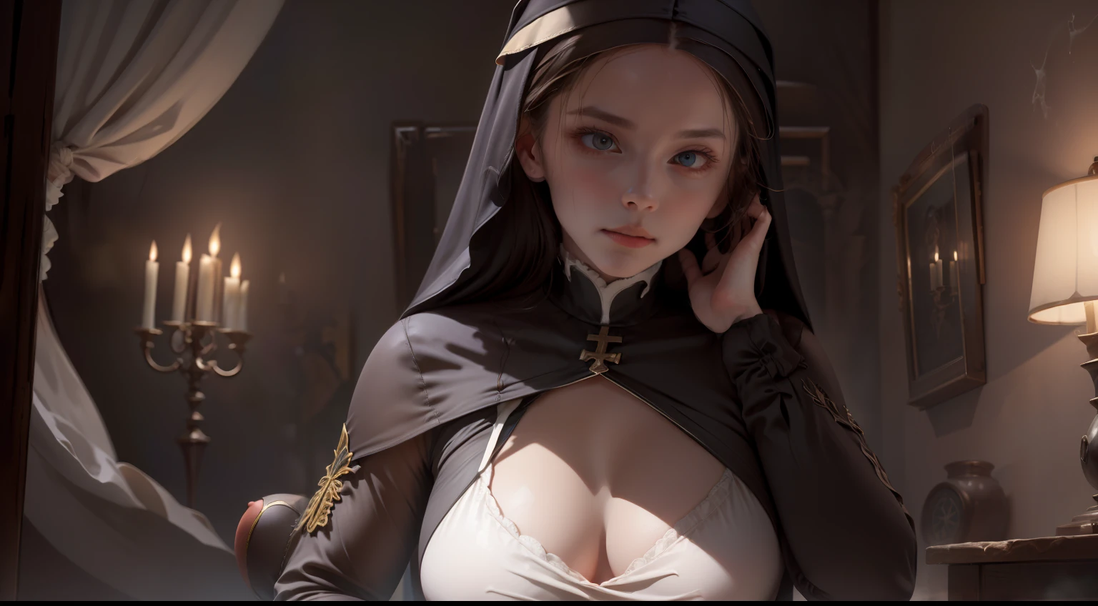 A nun,very Bigger breasts,Look at you with affection,ellegance,Flushed complexion,is shy,astonishment,Side sitting