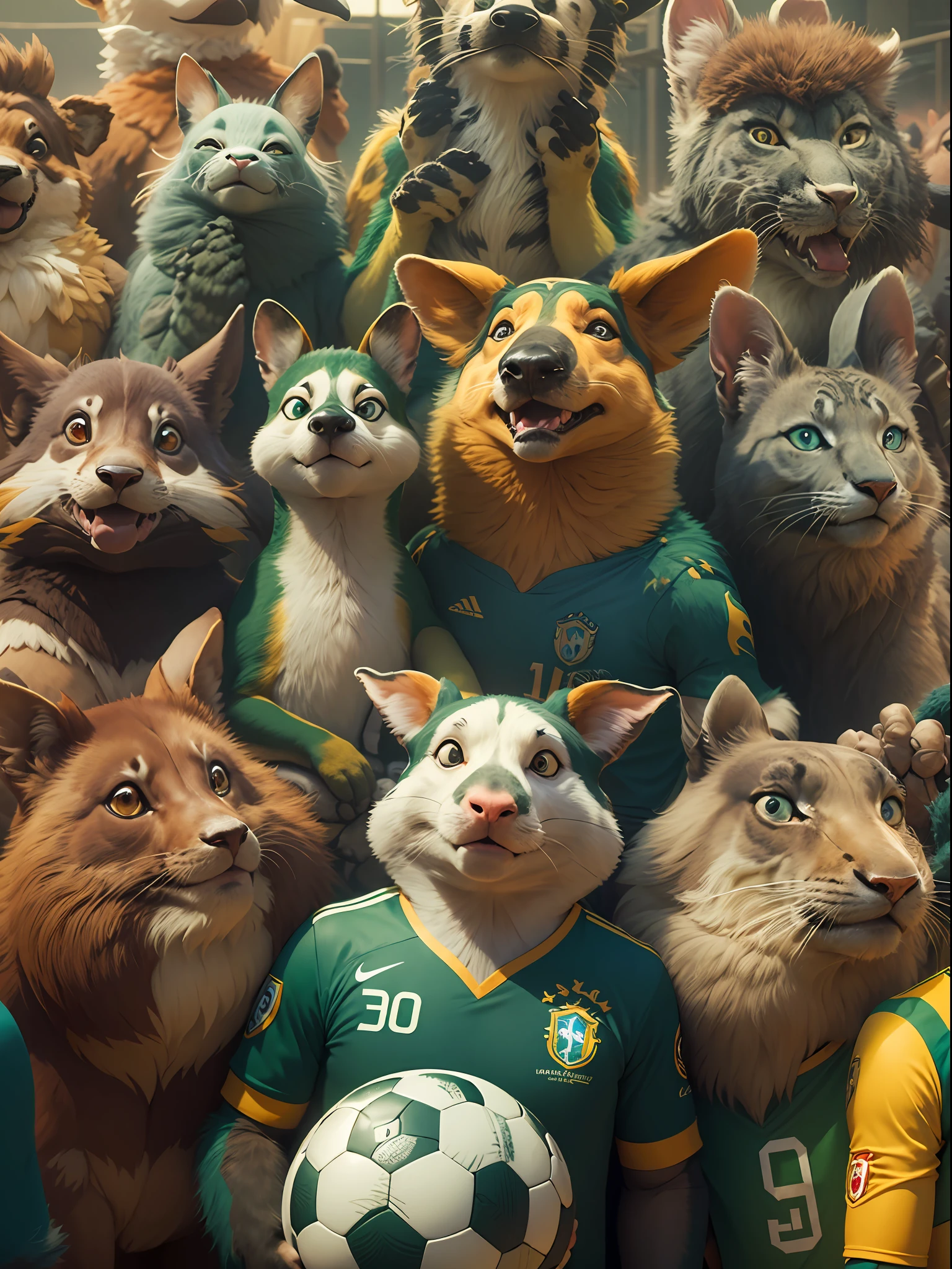 A team of anthropomorphism Animals,in a line,taking a group photo wearing Brazilian soccer jerseys,masterpiece, best quality, CGI,Cinematic, Hyper-detailed,