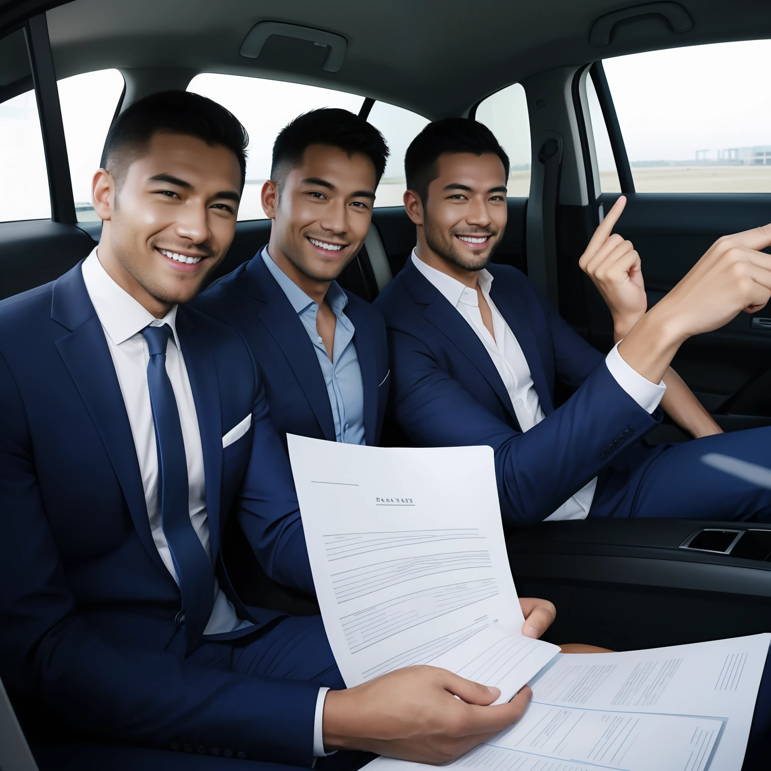 Several men on a business trip、Smiling and having fun、Men with cool faces relax in luxury hire cars、Please realistically depict how you look at the document.。
