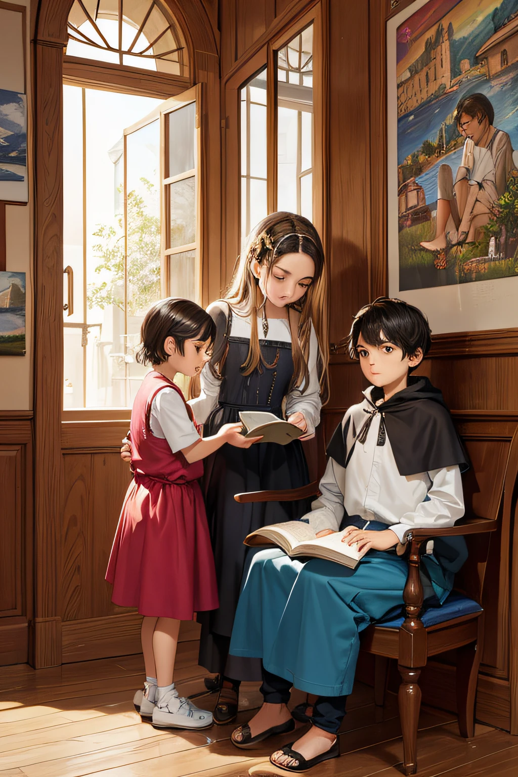(2dois s) ,(siblings) , 1 menino 9 anos, pele escura, 1 menino Pietonos, cabelos lisos curtos, There are two children sitting on the floor reading a book, fantasy book illustration, illustration (obra-prima, qualidade superior, melhor qualidade, arte oficial, beautiful and aesthetic: 1.2), (1girl), extremamente detalhado, (arte fractal: 1.3), colorido, mais detalhado