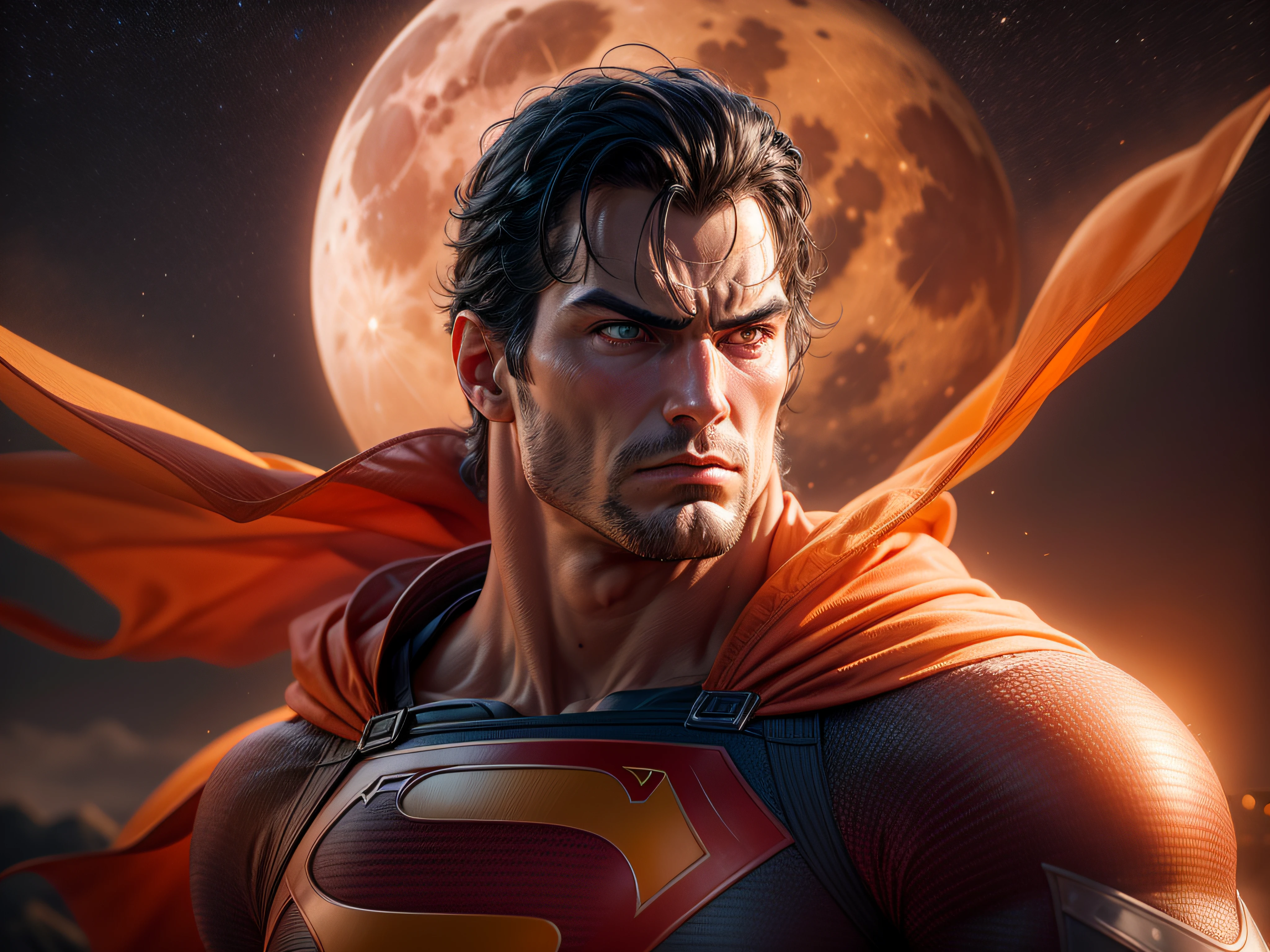 Close a powerful threat, The imposing appearance of the mighty Superman dressed in orange uniform, menacing stare, ricamente detalhado, Hiper realista, 3D-rendering, obra-prima, NVIDIA, RTX, ray-traced, Bokeh, Night sky with a huge and beautiful full moon, estrelas brilhando, 8k,