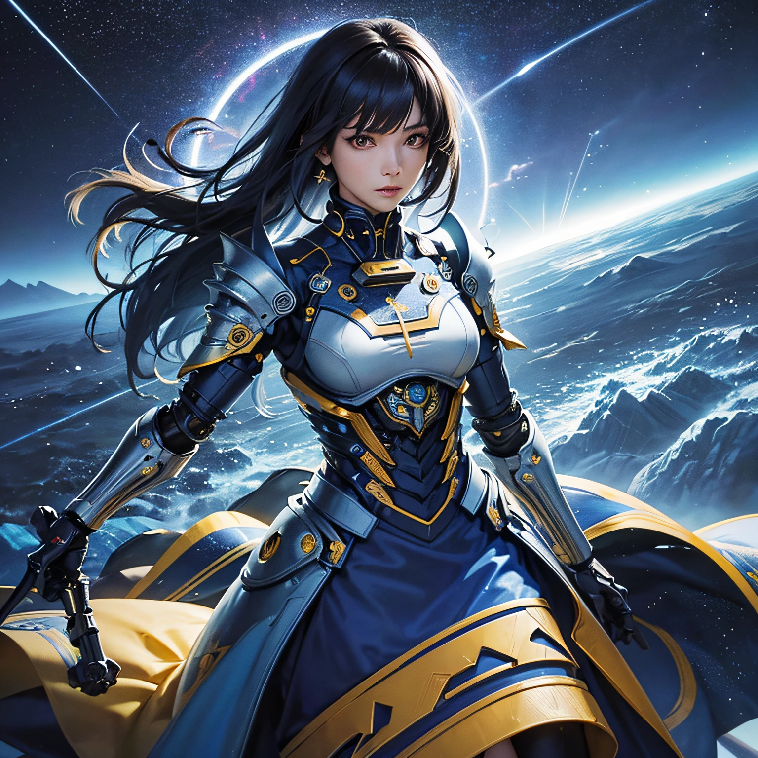 (Space City:1.2),Nawa Kohei、(blue and yellow)、Lightning speed、Biomechanical cyborg,Elaborate metallic bones、Ayako Rokkaku、Painting, Double helix, Best Quality, masutepiece, 超A high resolution, Intricate details, Mystical、Luminescent LED、Dutch Angle,Good anatomy)、power of the god、high-angle shot,splash art、star trails