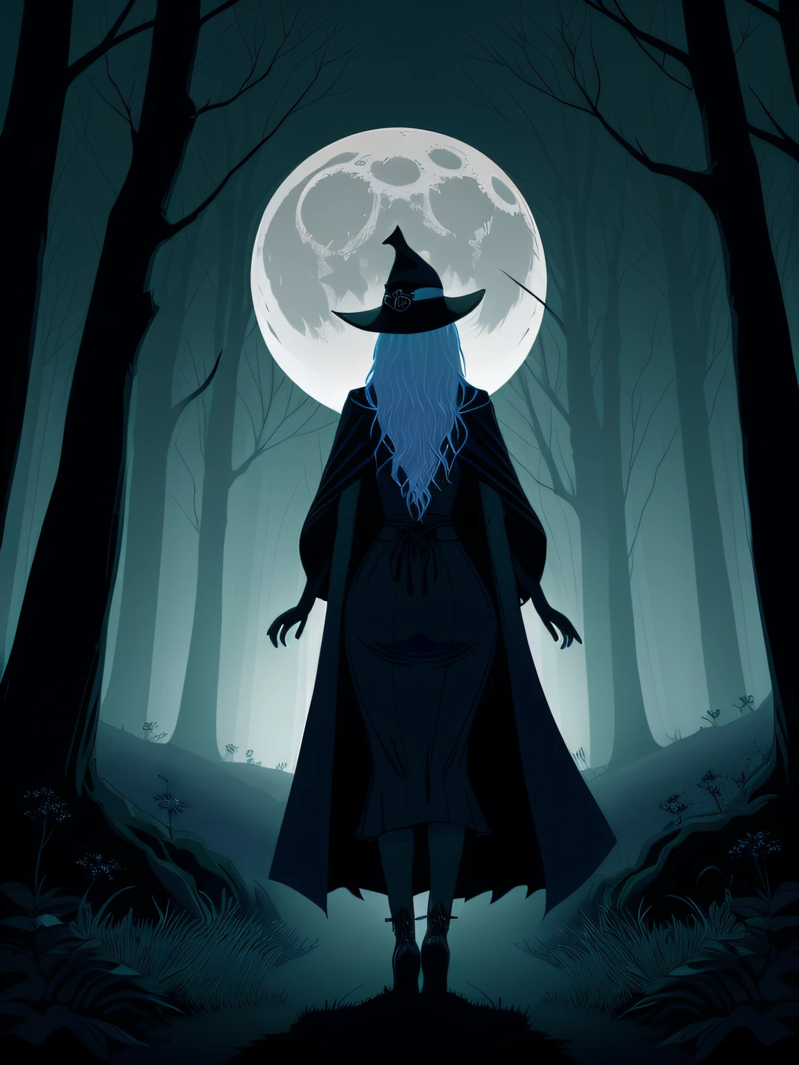 vector art of a mystical witch walking in the moonlit woods, with an aura of mystery and allure. Depict the witch with a cloak of dark colors, blending with the shadows of the night. Use a soft and eerie color palette to create a haunting and atmospheric scene. Illuminate the forest with the glow of the moon, casting silvery rays on the witch's path. Add mystical elements, such as glowing runes or floating orbs, to accentuate the witch's connection to the supernatural. The witch can be shown holding a crystal ball or a book of spells, adding to the sense of intrigue and wisdom. This style should evoke a sense of mysticism and intrigue as the witch wanders through the moonlit woods, isolated, black background, in the style of 0mib