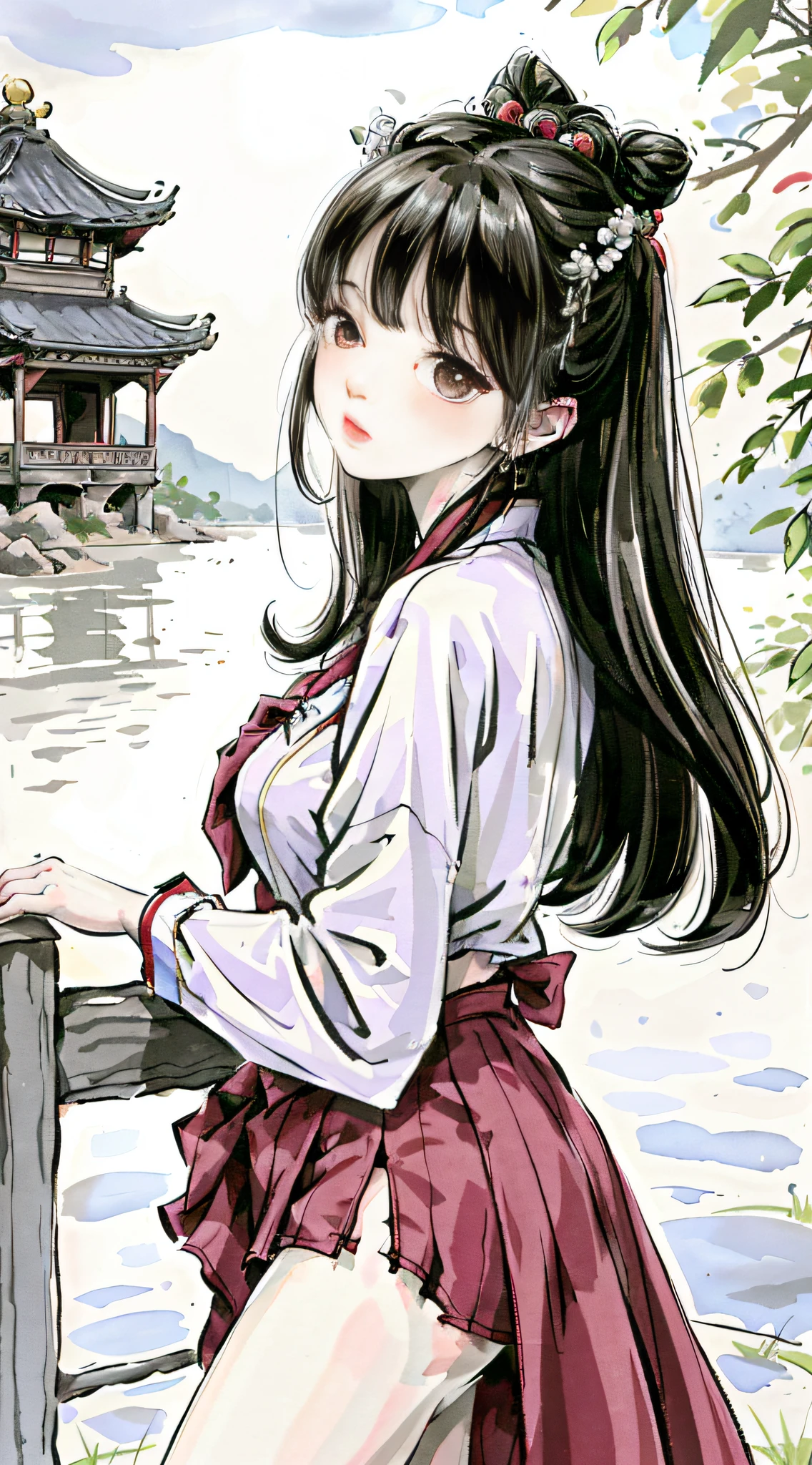 (masterpiece), best quality, good anatomy, shuimobysim, (1 girl: 1), (upper body), (smile), short hair: 1.2, (hanfu), long coat, (ecchi0.5), (bridge: 1.2), (flowers: 0.6), moon, lantern in ancient China, delicate face, see-through, pink clothes, full body, close-up, back hand, robe, thigh, high up, cloudy, chinadre, overexposed, [wet suit: 1.2], mid-breast, solo, [doll], bare thighs, credibly_absurdres, strong angles, pleated skirt, chinoiserie architecture, single bun, white hair, red eyes, squinted eyes, indifferent attitude, eye shadow, eyeliner, eyes visible through hair, no shoes, ribbon sleeves, earrings, necklaces, tiara, mid-chest, sunlight, reflected light, ray tracing, loli, phoenix crown vermilion robe, blush