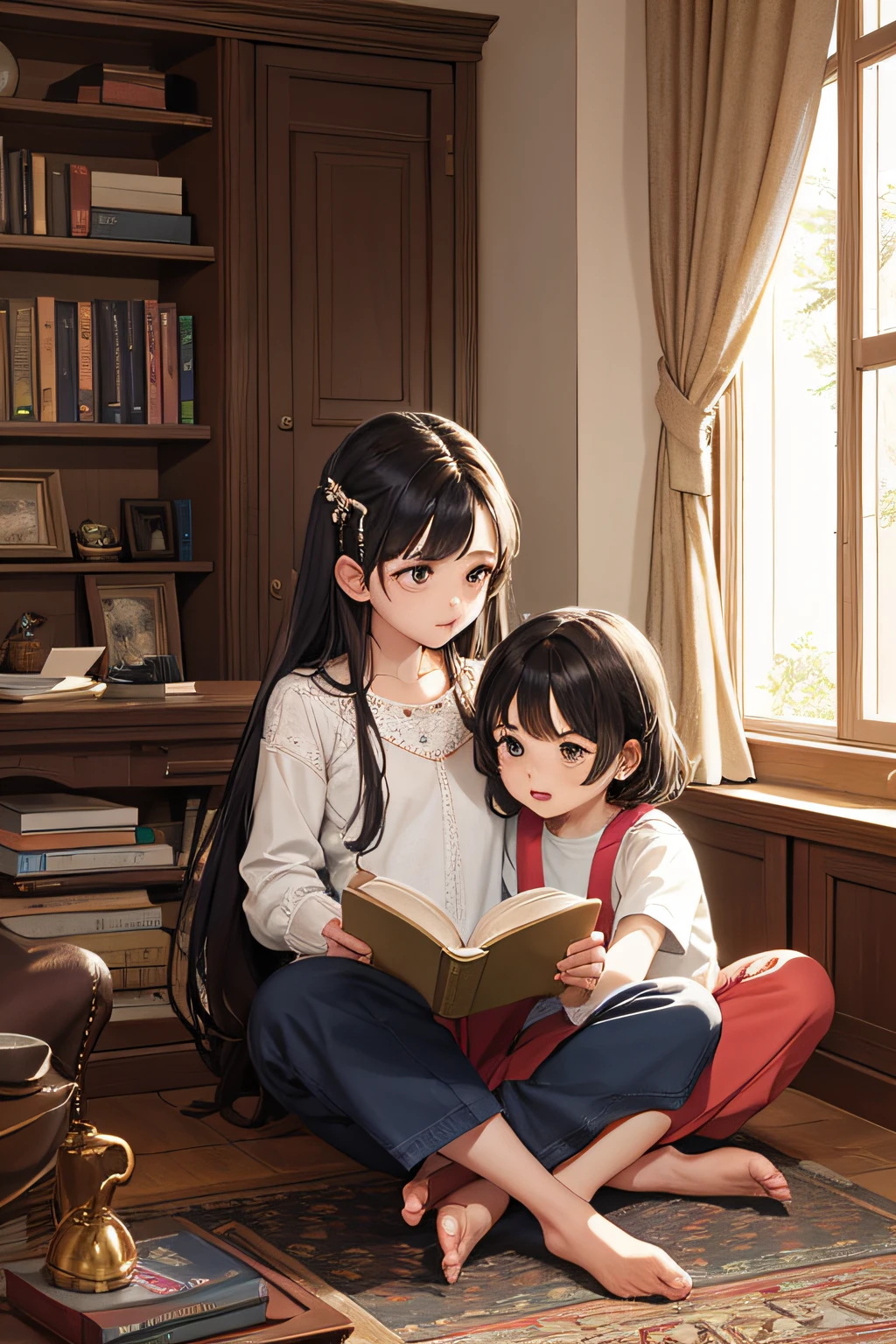 (2dois meninos) ,(siblings) , 1 menino Dudu, 9 anos, pele escura, 1 menino Pietor, 7 anos, cabelos lisos curtos, There are two children sitting on the floor reading a book, fantasy book illustration, illustration (obra-prima, qualidade superior, melhor qualidade, arte oficial, beautiful and aesthetic: 1.2), (1girl), extremamente detalhado, (arte fractal: 1.3), colorido, mais detalhado