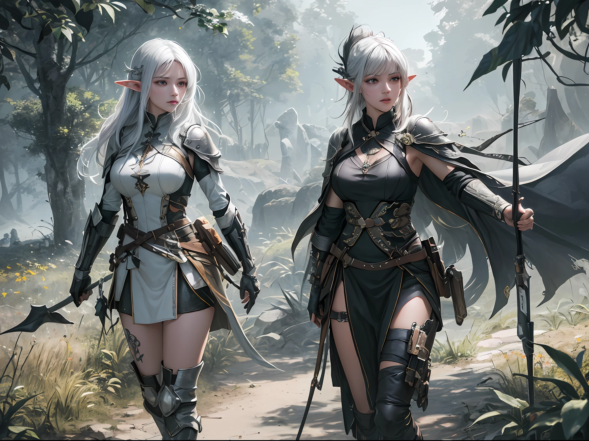 Photorealistic, Ultra photo realsisim, Extremely detailed, ultra - detailed, Soft lighting, Detailed background, Extreme detail background, sharp detailed, ((full bodyesbian)), rainforests，Original indigenous women，solo person，bow and arrows，ears of elf，half-body shots，fog atmosphere，Leather clothes，Tattooed with，wildness，photorealistic portrait，dynamicposes，dramatics，hdr（HighDynamicRange）,Ray traching,NVIDIA RTX,Hyper-Resolution,Unreal 5,Subsurface scattering、PBR Texture、post-proces、Anisotropy Filtering、depth of fields、maximum definition and sharpness、Many-Layer Textures、Albedo e mapas Speculares、Surface coloring、Accurate simulation of light-material interactions、perfectly proportions、rendering by octane、Two-colored light、largeaperture、Low ISO、White balance、the rule of thirds、8K raw data、