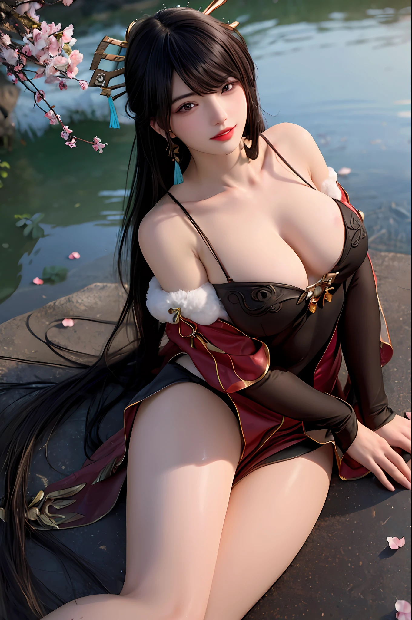 delicated best quality ,masterpiece, illustration, an extremely delicate and beautiful, extremely detailed ,CG ,unity ,8k wallpaper, Amazing, finely detail, masterpiece,best quality,official art,extremely detailed CG unity 8k wallpaper, absurdres, incredibly absurdres, huge filesize , ultra-detailed, highres, extremely detailed,beautiful detailed girl, extremely detailed eyes and face, beautiful detailed eyes,light on face,1girl, (beidou/genshin impact), (Super realistic), ((( black hair))), (long hair), (bangs that cover one eye), (purple eyes), (Detailed description of the eye), ((hair jewelry)), (((describe the arm in detail))), ((charming lingerie)), (((Super boobs))), (saggy breasts), ((Big ass)), ((thighs)), ((Plump body)), (Big breasts), ((Plump boobs)),, (detailed description of hair), jewelry, (gem earrings), ((upper body)), (Bare shoulder), ((collarbone)), ((off shoulder)), (Shiny skin), (Detailed description of eyes), (detailed description of face), (detailed description of body), (white and translucent skin), peerless beauty, (extreme beauty), (red lips), (shy ), ( smile), (facing the viewer), ((facing)), (((cherry blossom))), (falling petal), (((cherry blossom))), (falling petal), (( high split cheongsam)), ((Lying on the shore of a lake full of cherry blossom), (She sits gracefully by the tranquil cherry blossom lake, her feet playing in the water, bathed in the soft glow of the moonlight), the water surface is reflective, (any pose), ((There is a lot of water on the body))