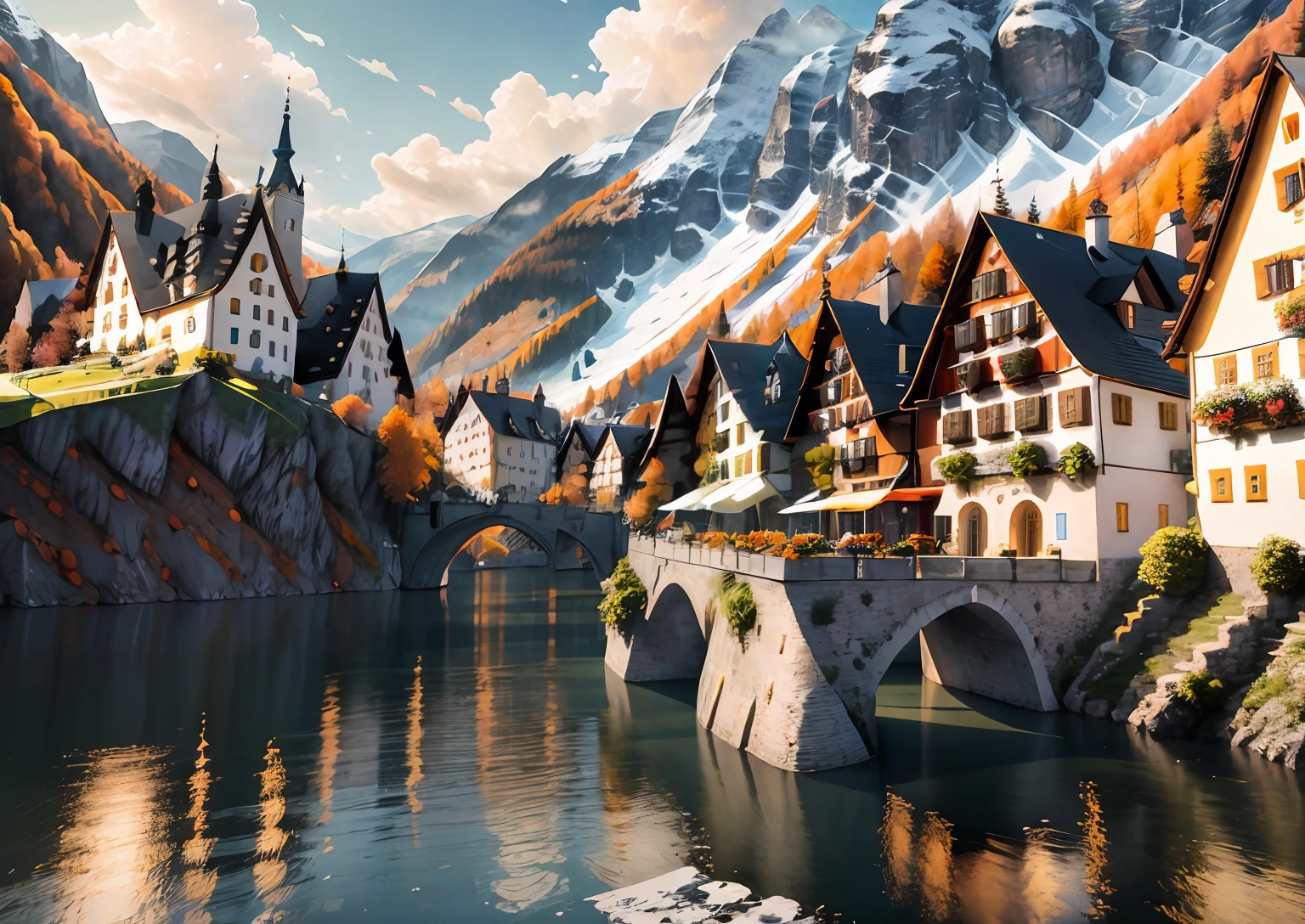masterpiece, best quality, high quality, extremely detailed CG, unity, 8k, wallpaper, scenery, sky, cloud, day,(singel build), (architectural design ),(((Hallstatt small town style))), Swiss and Austrian rural architectural style, clear structure, looking up a little bit from head to toe, adding some fantasy elements to the building, going again, cute, exquisite,
