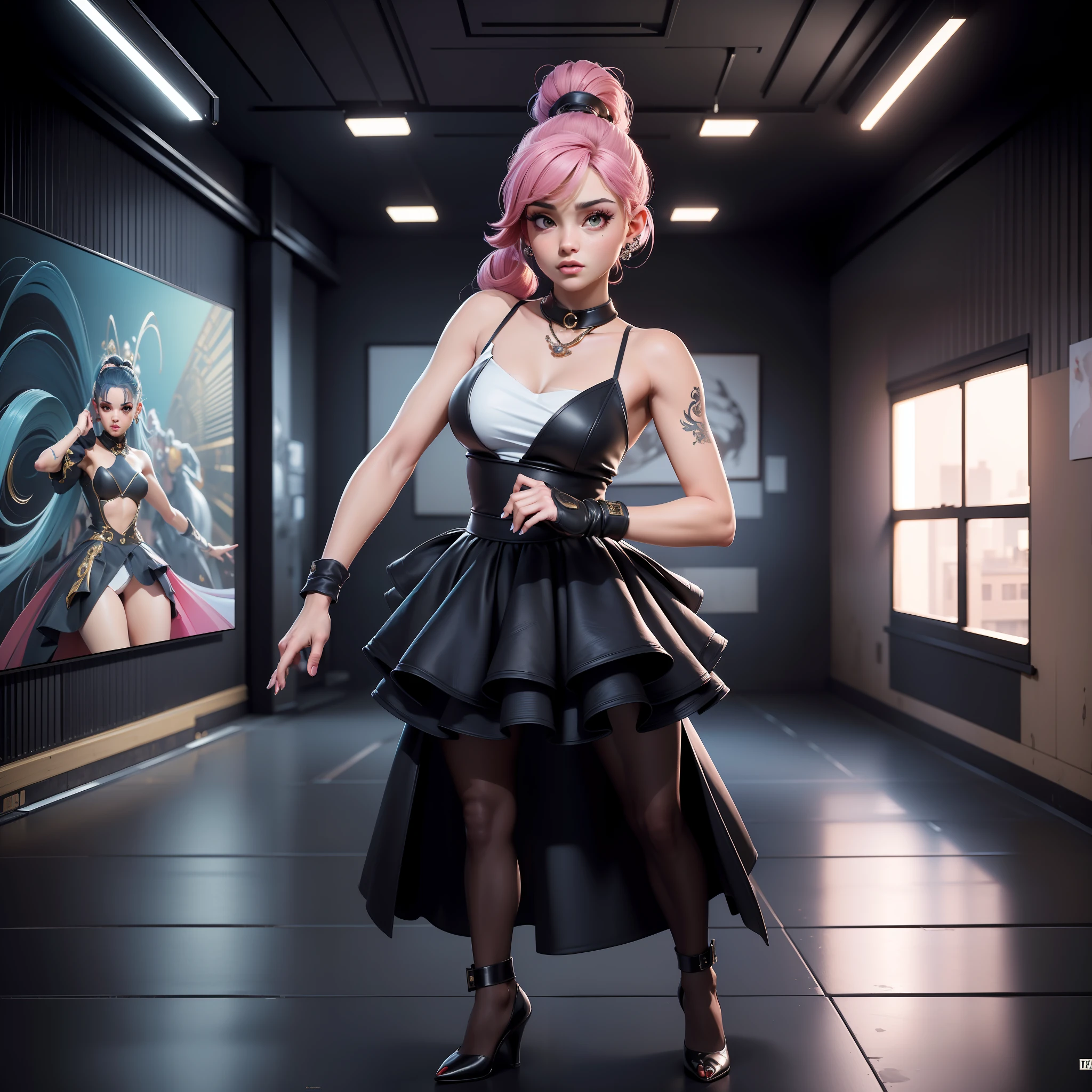(masterpiece, top quality, best quality, official art, beautiful and aesthetic:1.2), there are two people that are standing in a room, posing for a fight intricate, dancing in the background, ariana grande in gta v, posing for a fight, fashion, action scene, people dancing in background, 8 k hd detailed oil painting, in a room, street, buildings photorealism,