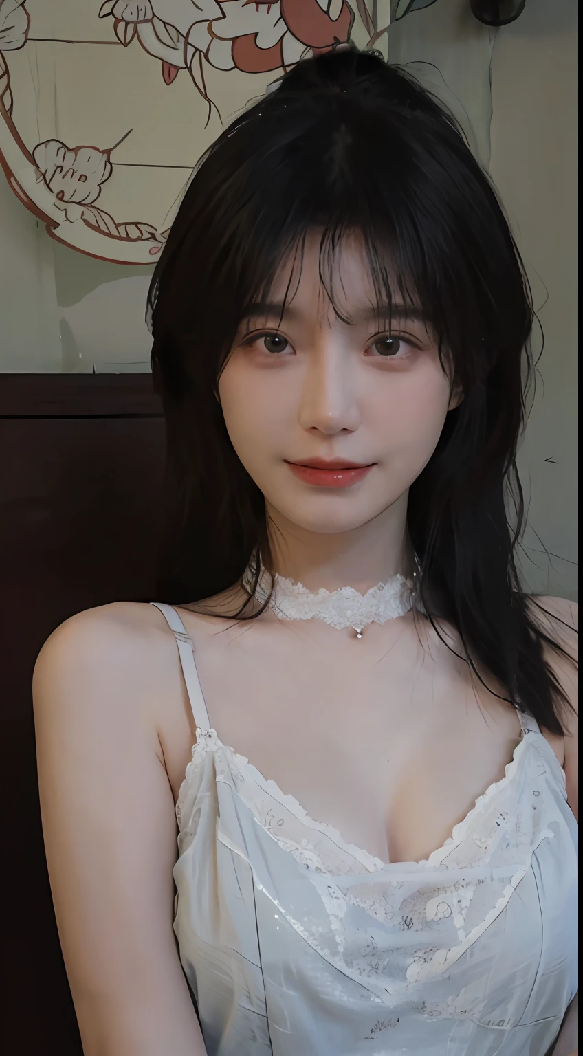 best qualtiy, 超高分辨率, (realisticlying:1.4), Baoyu Girl, Black long straight,A pair of clear and moving peach blossom eyes,Royal Sister,sunshine on face,with long coiled hair,(浴室:1.4),(choker necklace:1.2),(Fair skin:1.9),(full bodyesbian:1.2)a sense of atmosphere,a beauty girl, ssmile,head straight-looking at viewer, closeup cleavage ,(Photorealistic:1.4),1girll,,(Sheer lace bra:1.3),(Big breasts:1.9),(Upper body:1.4),(Wet body),(:1.2)