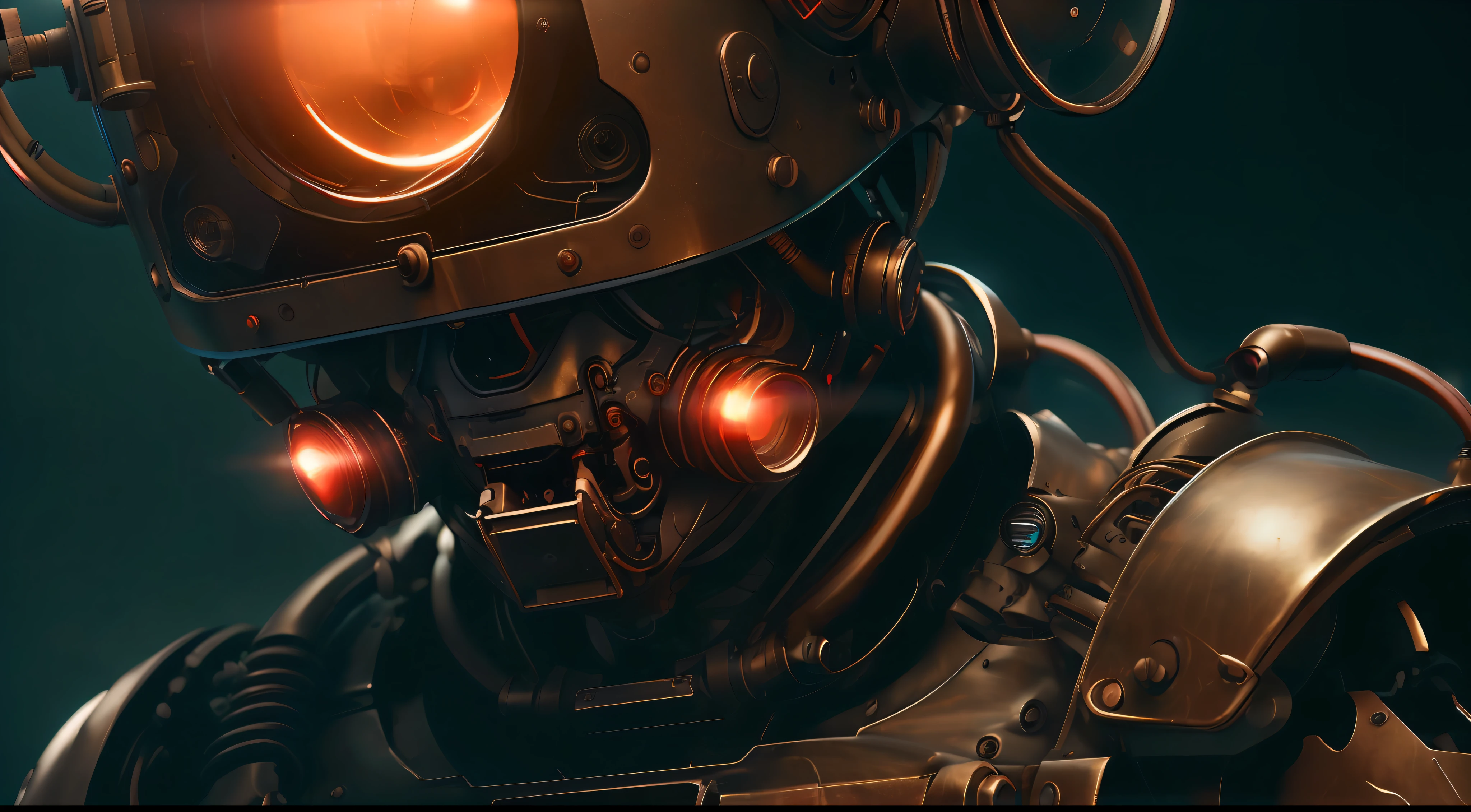 (masterpiece,8k quality, 8k, top quality, best quality, official art, beautiful and aesthetic:1.2),close up, face, fire eye, eye on fire ,a humanoid lauterbach robot biomechanical bronze with a head full of wires and a light cold on it's face and neck, in a dark room in a dark room with a red light behind him, unreal engine 5 highly rendered, cyberpunk art, les automatistes, raw photo of detailed skin, clear face