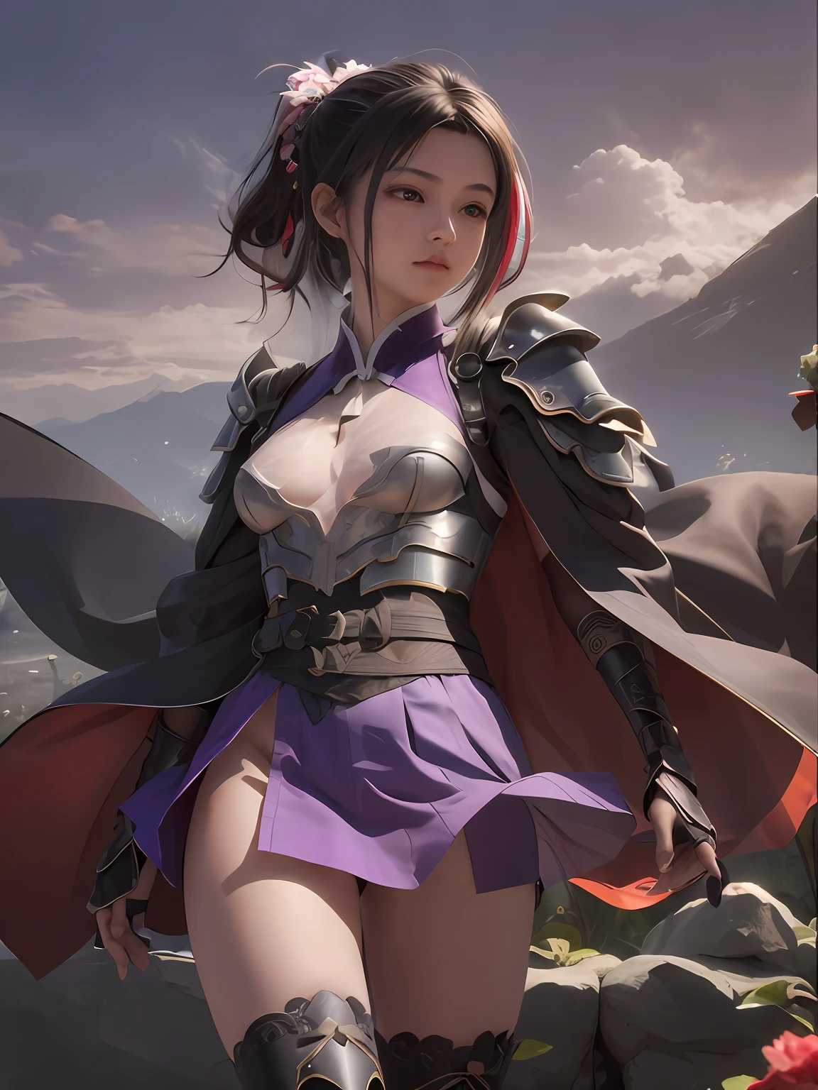 best quality, (extremely detailed: 1.5), masterpiece, ultra high res,(photo realistic:1.4), , samurai, full body, (side ponytail hair:1.5), (see through:1.2),(glaring:1.2), armored dress, purple patterned kimono,(Raw feet:1.3), ultra micro miniskirt, (black and purple streaked hair:1.2), peony, cloaks, small breast, Dynamic Angle, Dynamic Sexy Pose, Wind