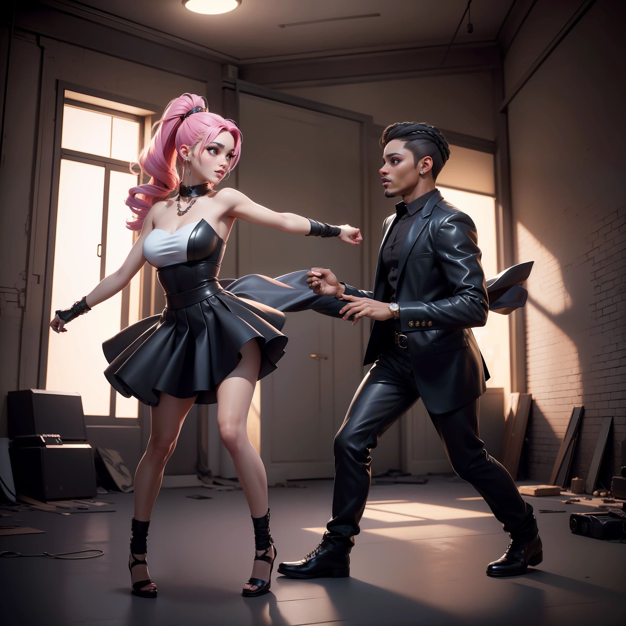 (masterpiece, top quality, best quality, official art, beautiful and aesthetic:1.2), there are two people that are standing in a room, posing for a fight intricate, dancing in the background, ariana grande in gta v, posing for a fight, fashion, action scene, people dancing in background, 8 k hd detailed oil painting, in a room, street, buildings photorealism,